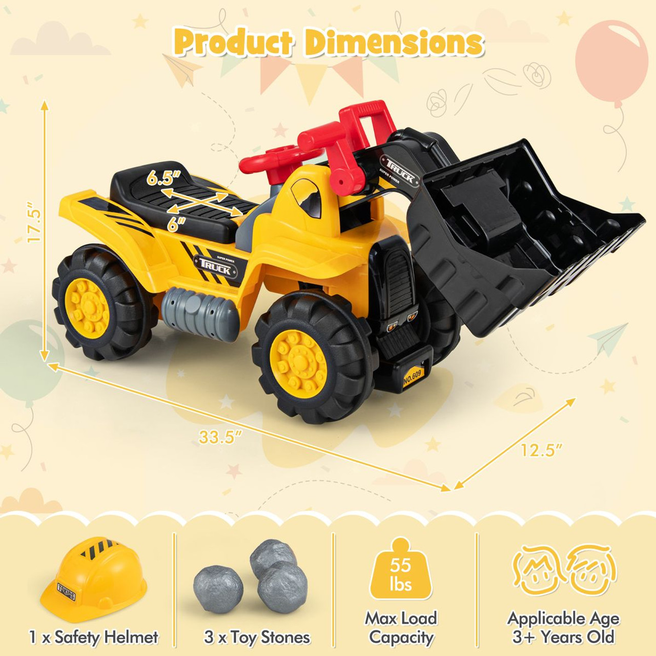 Kids' Ride-on Excavator with Realistic Sound and Rear Storage Space product image
