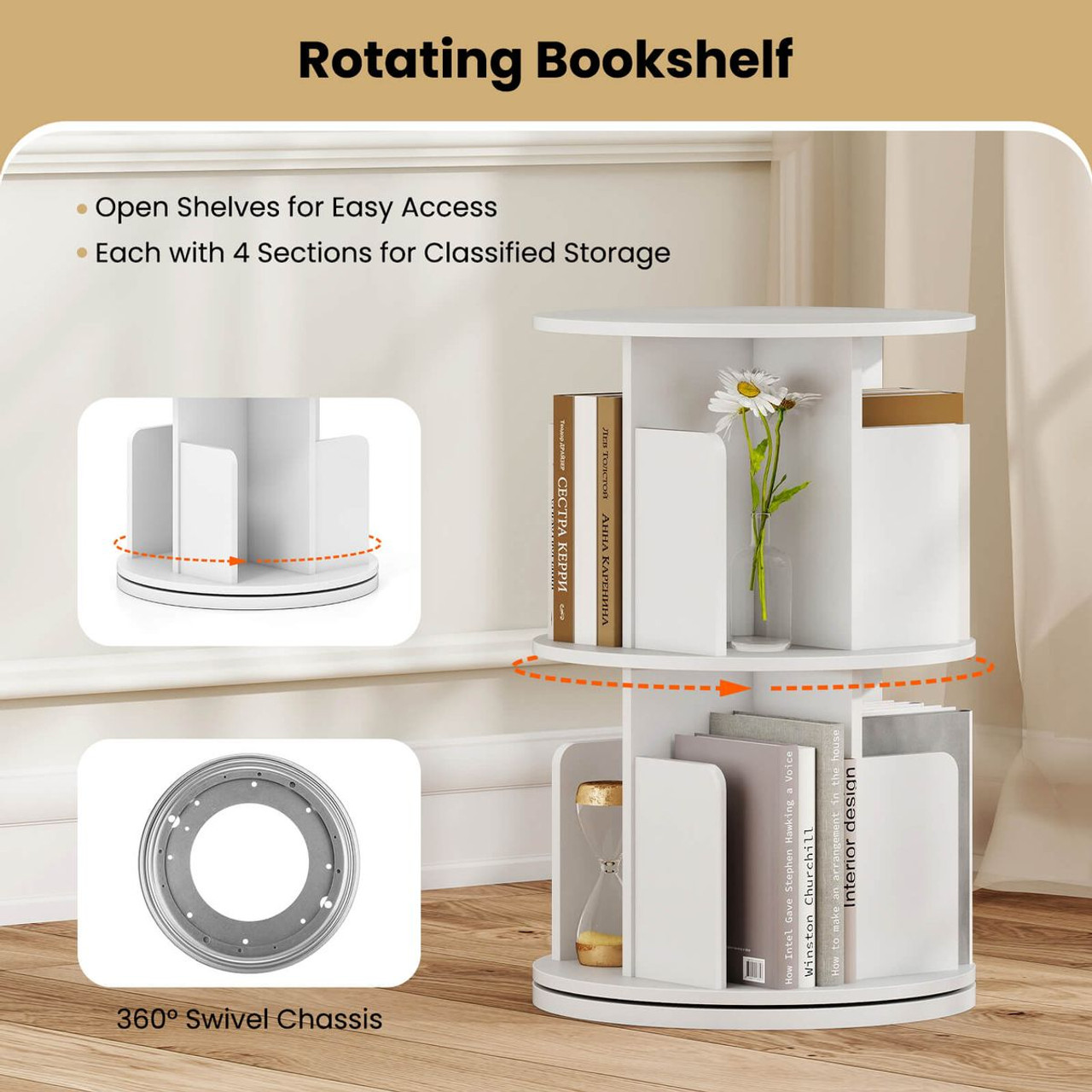 2-Tier Rotating Bookshelf with 360° Swivel product image
