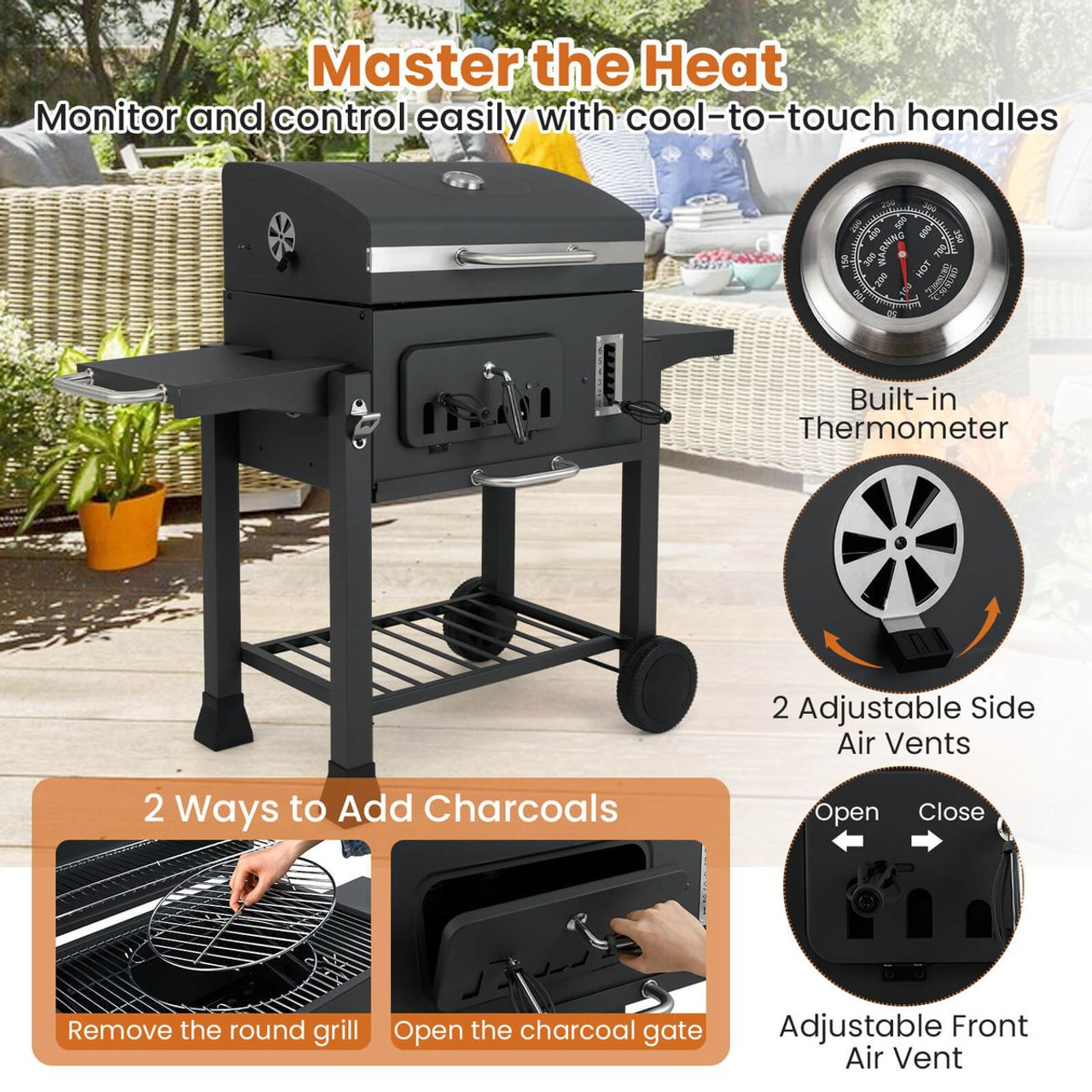 24-Inch Outdoor Barrel Charcoal Grill with 2 Folding Side Tables product image 24-Inch Outdoor Barrel Charcoal Grill with 2 Folding Side Tables product image