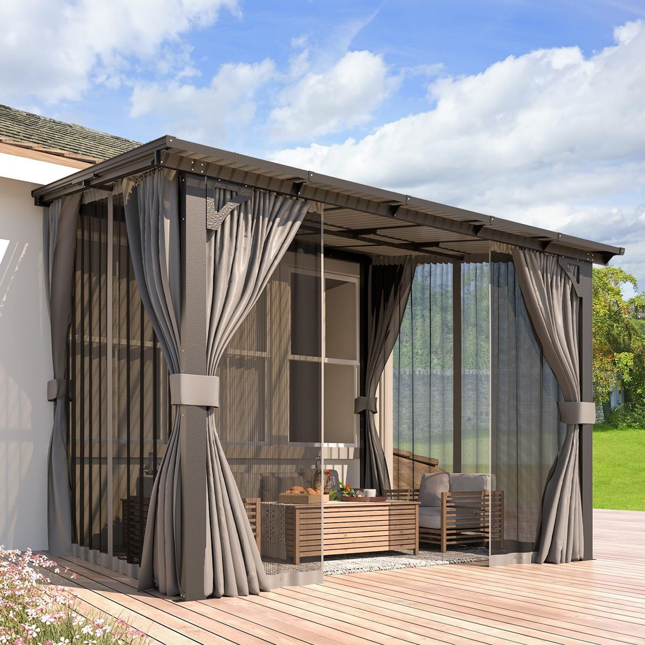 Outdoor Hard Top Lean-to Pergola with Curtains and Netting product image