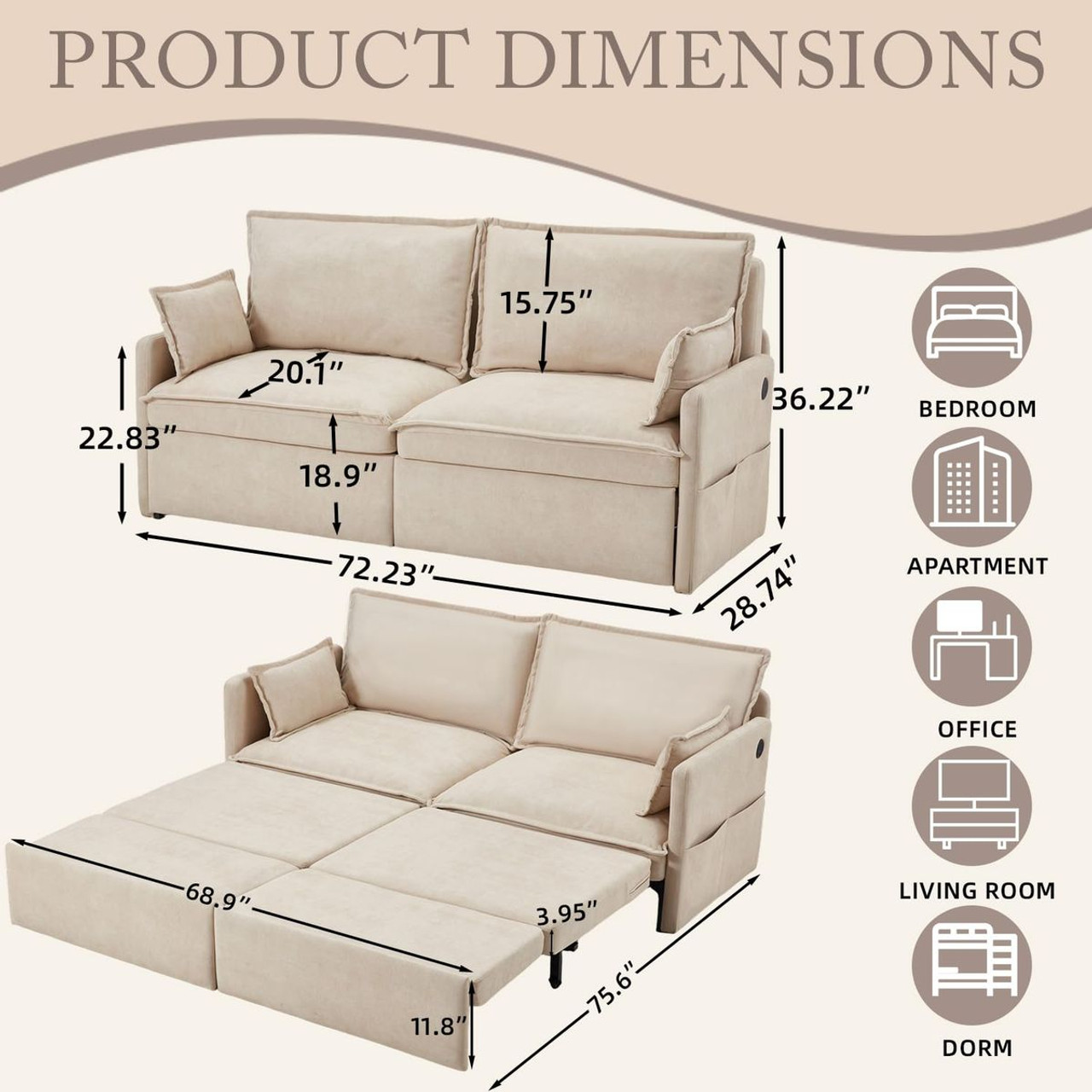 72" Pull Out Sofa Bed with USB Ports and Side Pockets product image 72" Pull Out Sofa Bed with USB Ports and Side Pockets product image