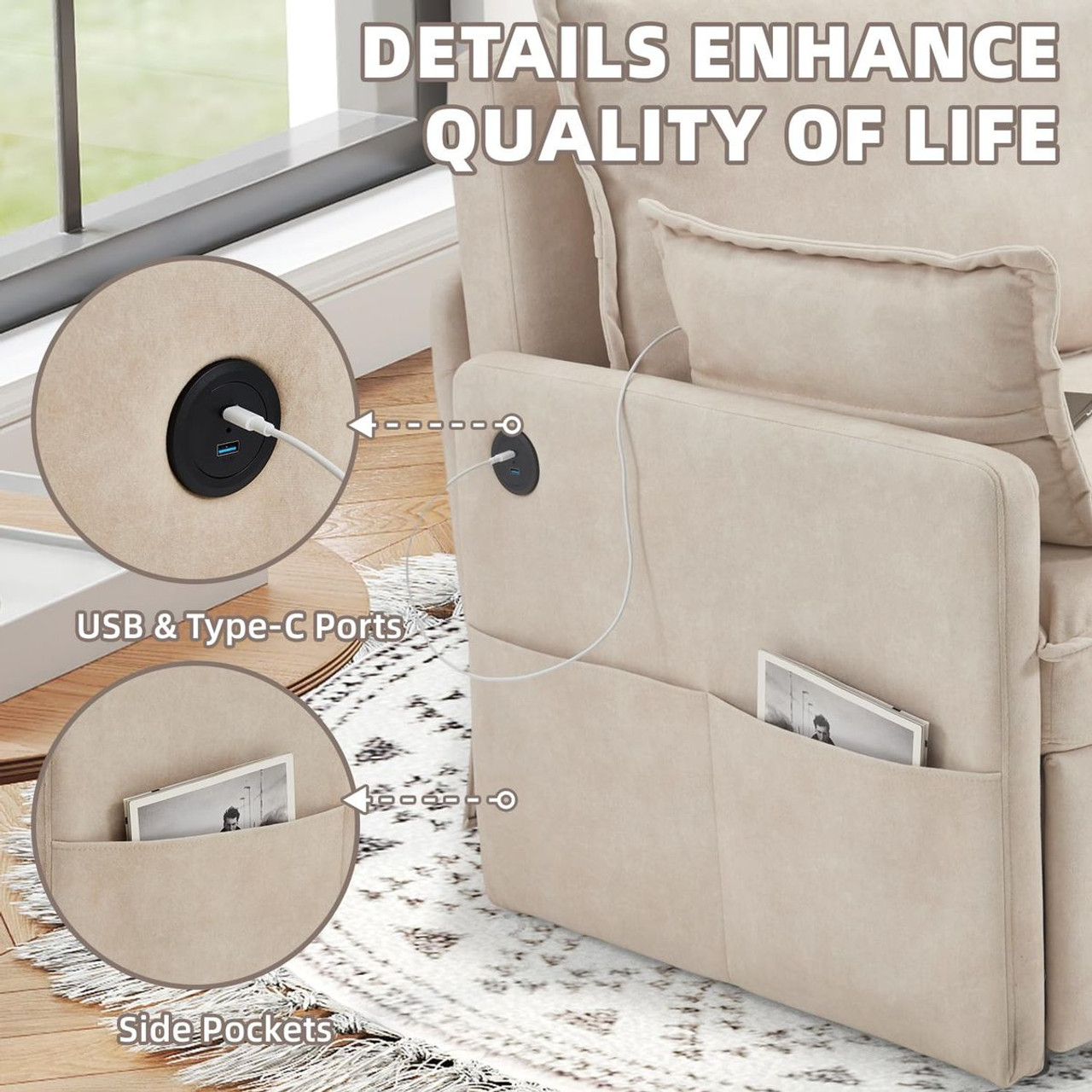 72" Pull Out Sofa Bed with USB Ports and Side Pockets product image 72" Pull Out Sofa Bed with USB Ports and Side Pockets product image