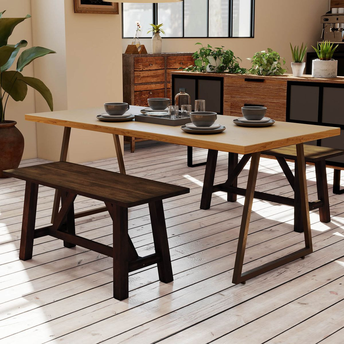 Wooden Dining Bench with Trapezoidal Support product image