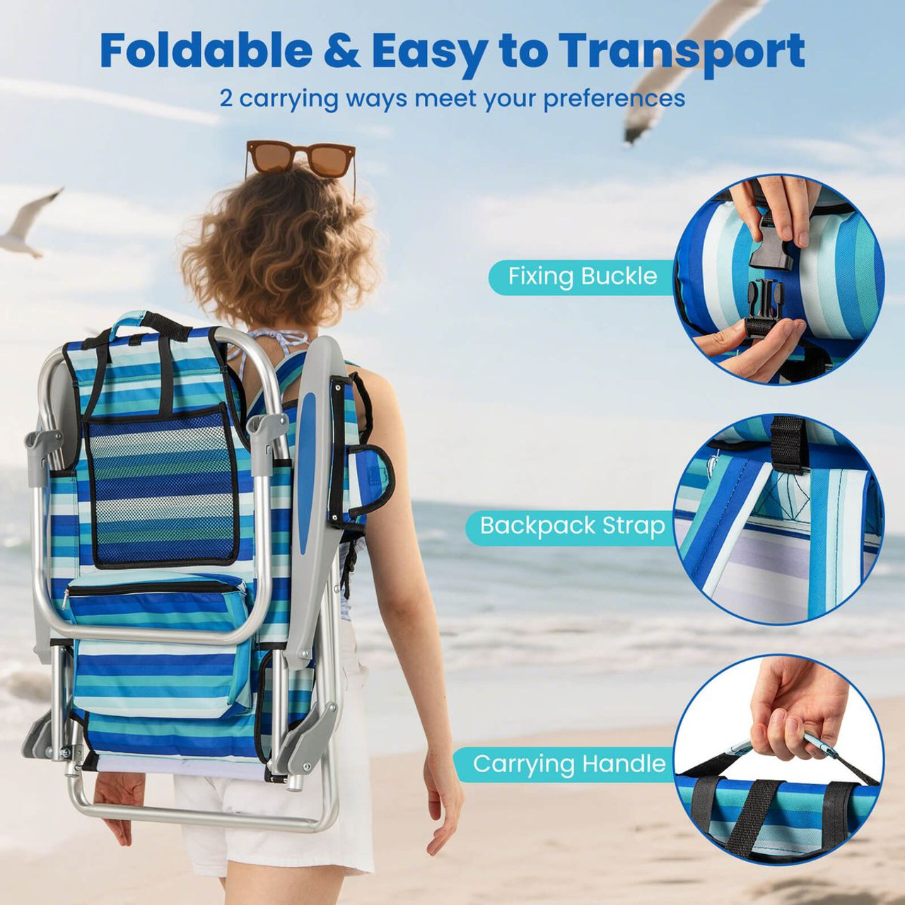 Folding Beach Chair with Adjustable Backrest and Storage Pockets product image