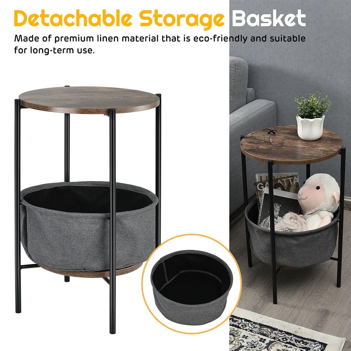 Industrial Round End Table with Storage Basket product image