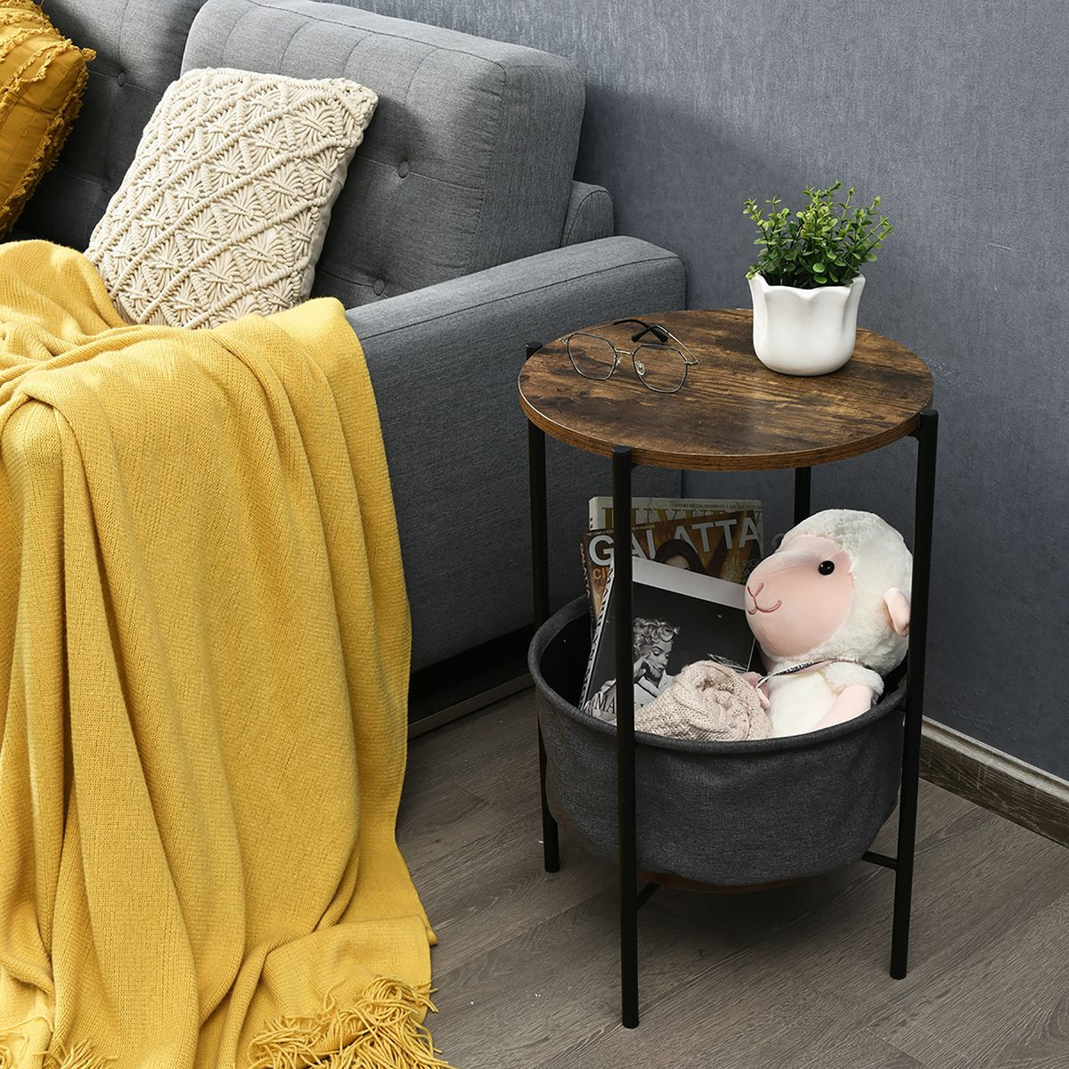 Industrial Round End Table with Storage Basket product image