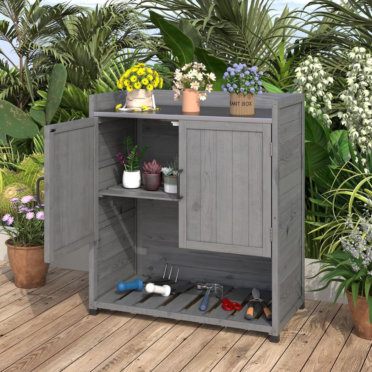 Outdoor Wooden Storage Cabinet with Adjustable Shelf product image