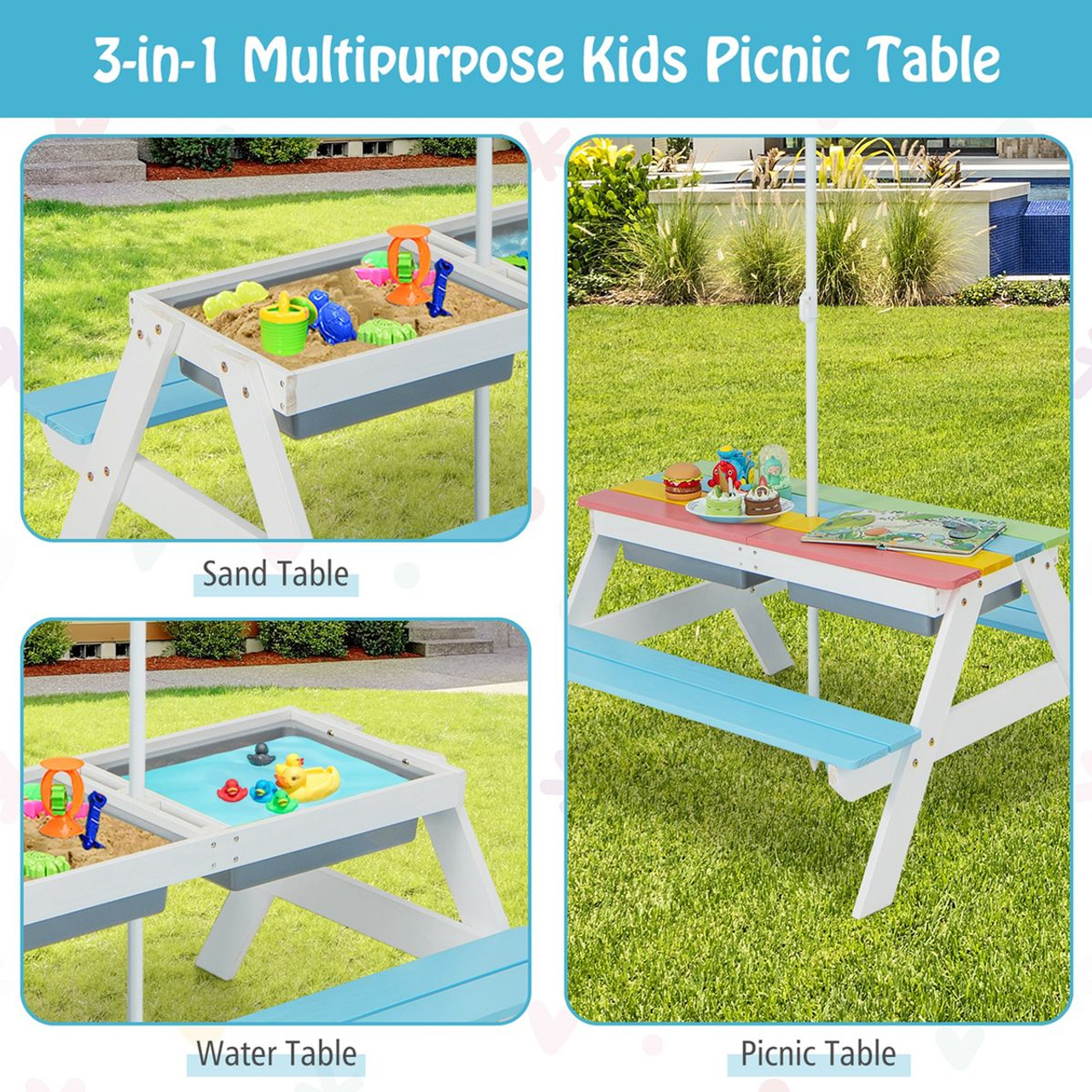 3-in-1 Kids Picnic Table with 2 Detachable Storage Boxes product image