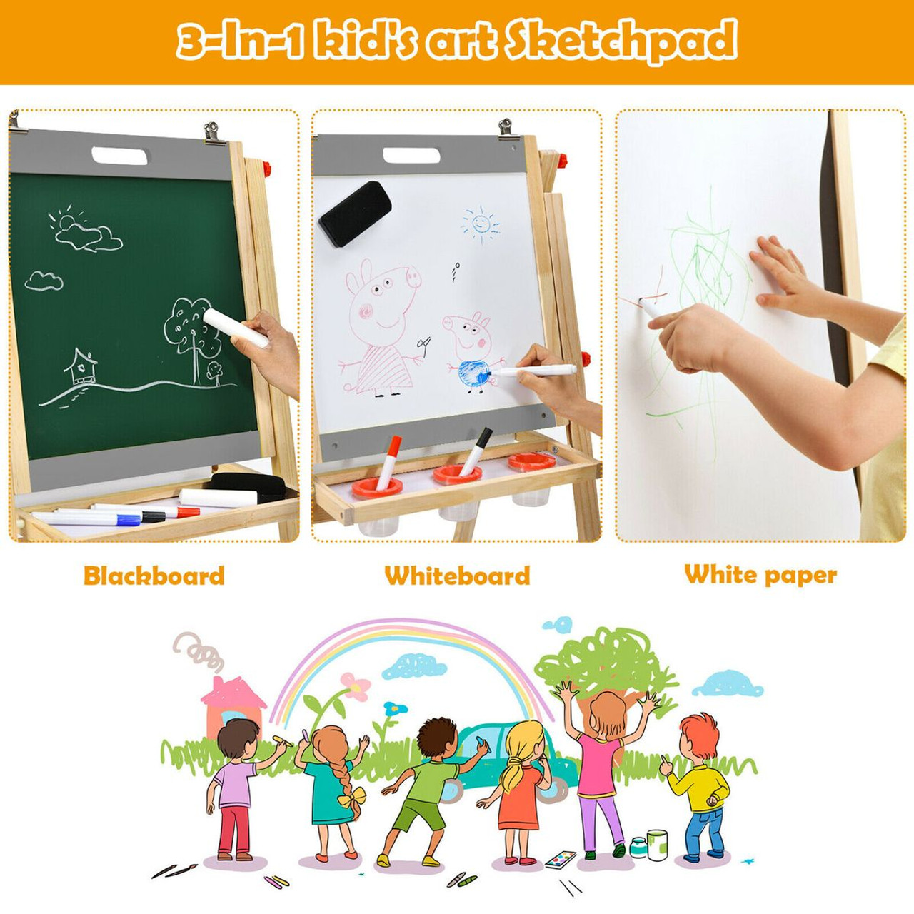 Kids' Art Easel with Whiteboard, Paper Roll, and Chalkboard product image