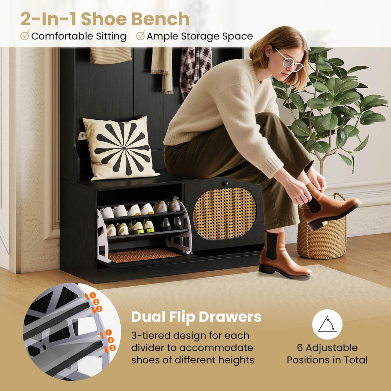 4-In-1 Hall Tree Entryway Bench with Coat Rack product image