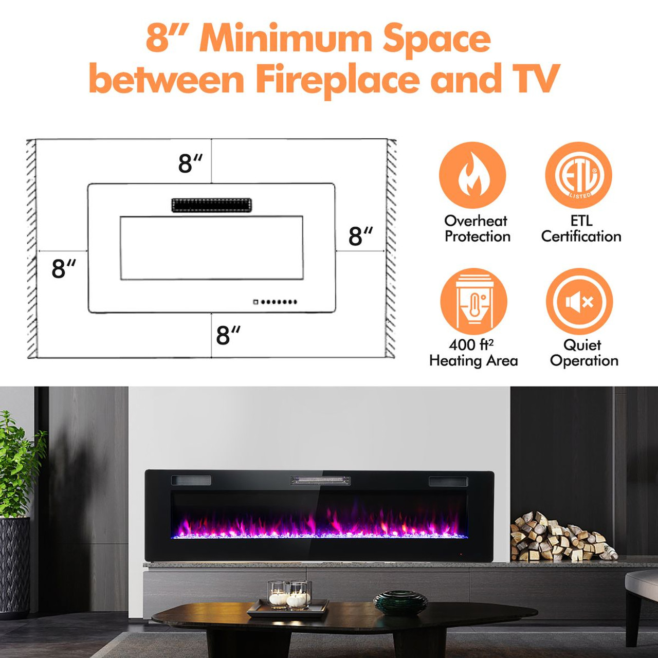 68'' Wall Mounted Ultra-Thin Recessed Electric Fireplace  product image