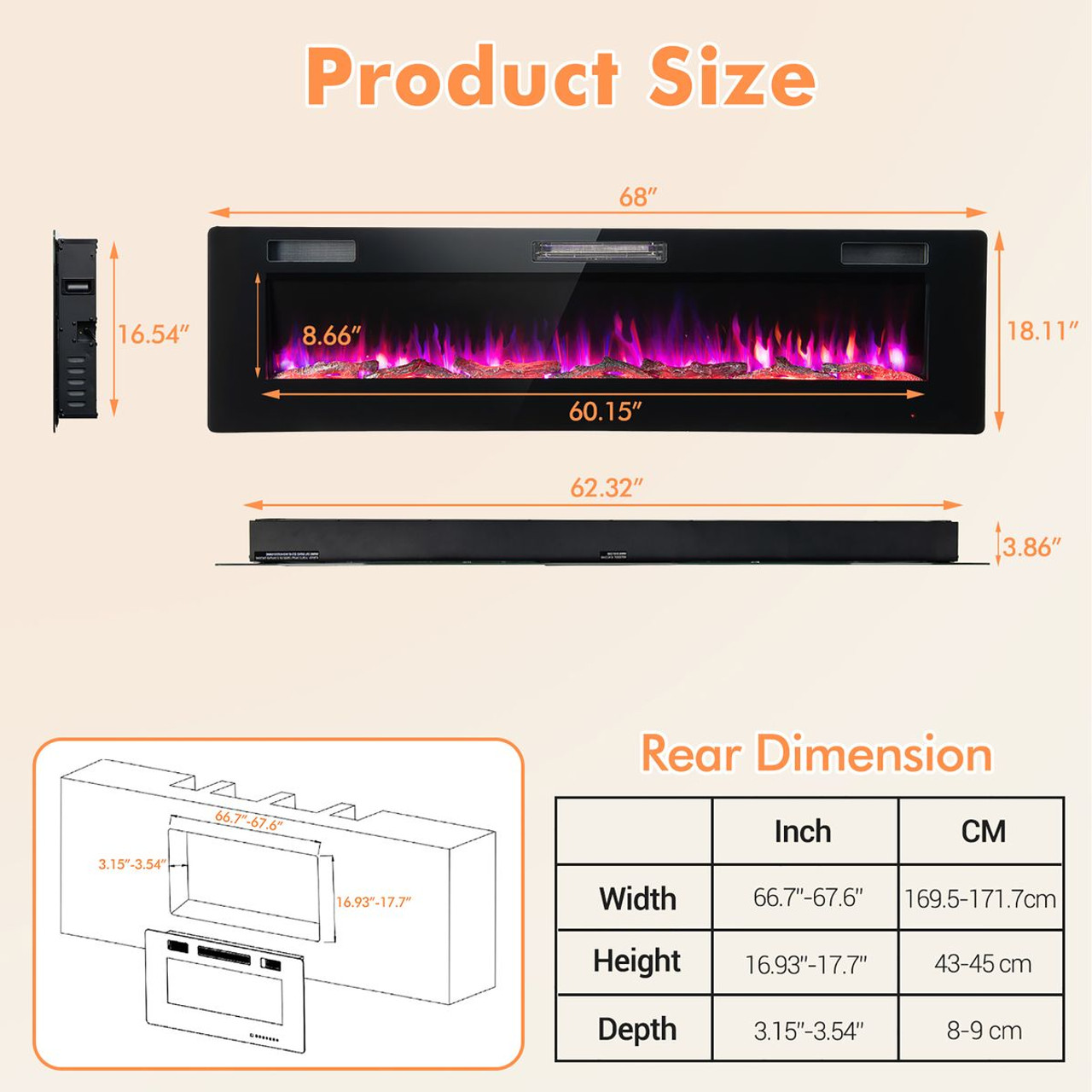 68'' Wall Mounted Ultra-Thin Recessed Electric Fireplace  product image