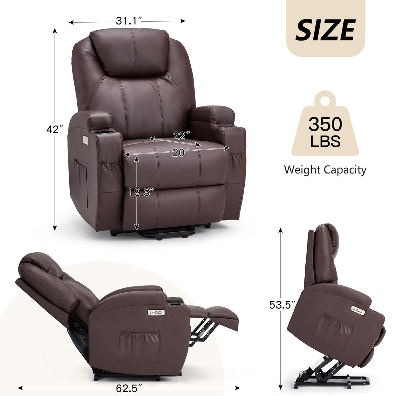 Electric Lift Chair Sofa with Side Pockets (USB and Type-C Ports) product image