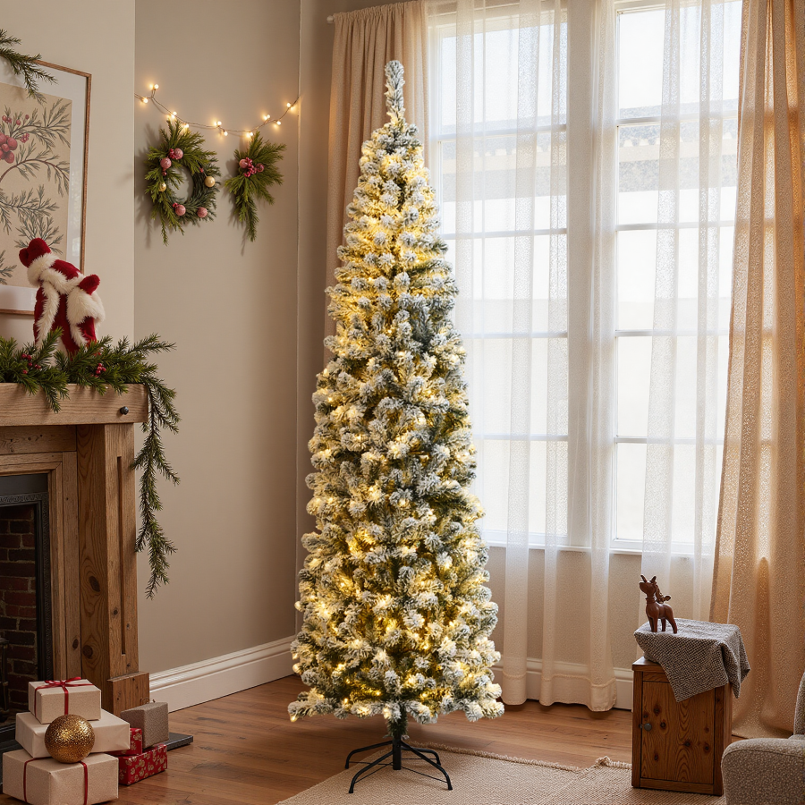 Pre-lit Snow Flocked Artificial Christmas Pencil Tree product image