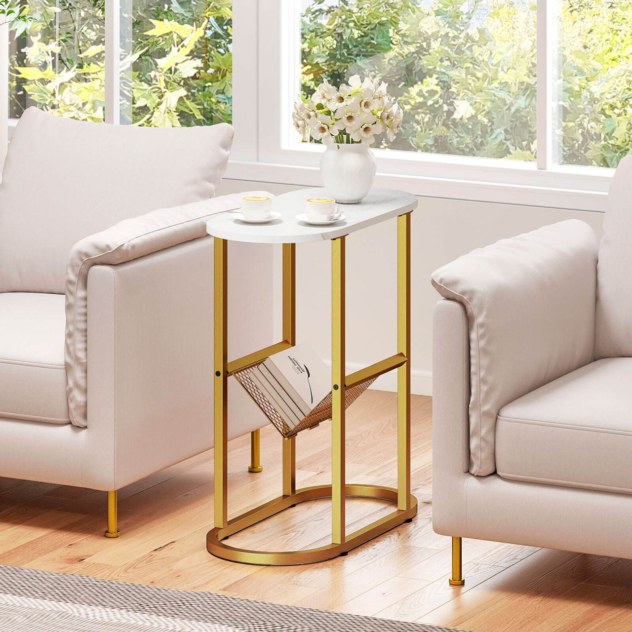 End Table with Faux Marble Tabletop and Magazine Holder product image