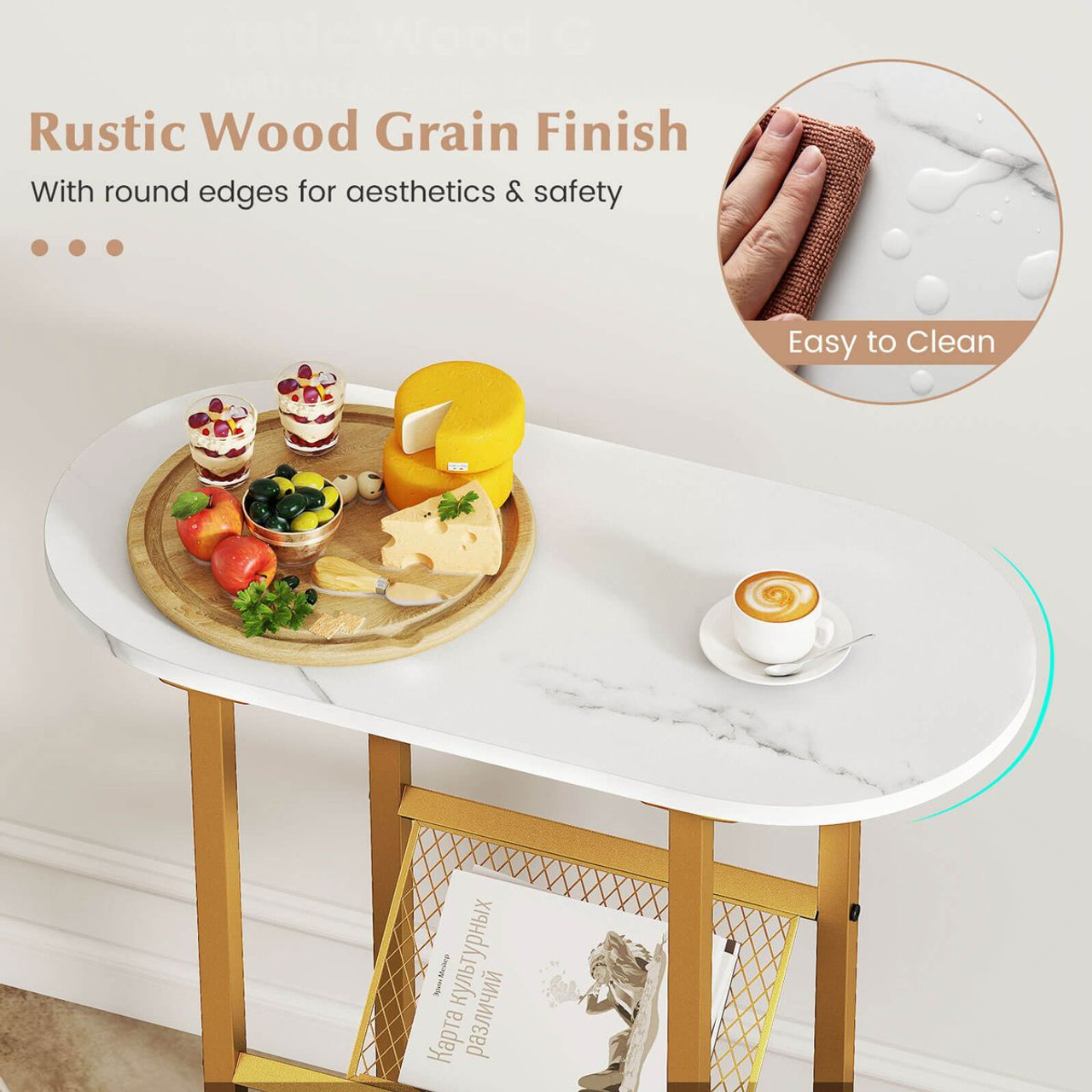 End Table with Faux Marble Tabletop and Magazine Holder product image