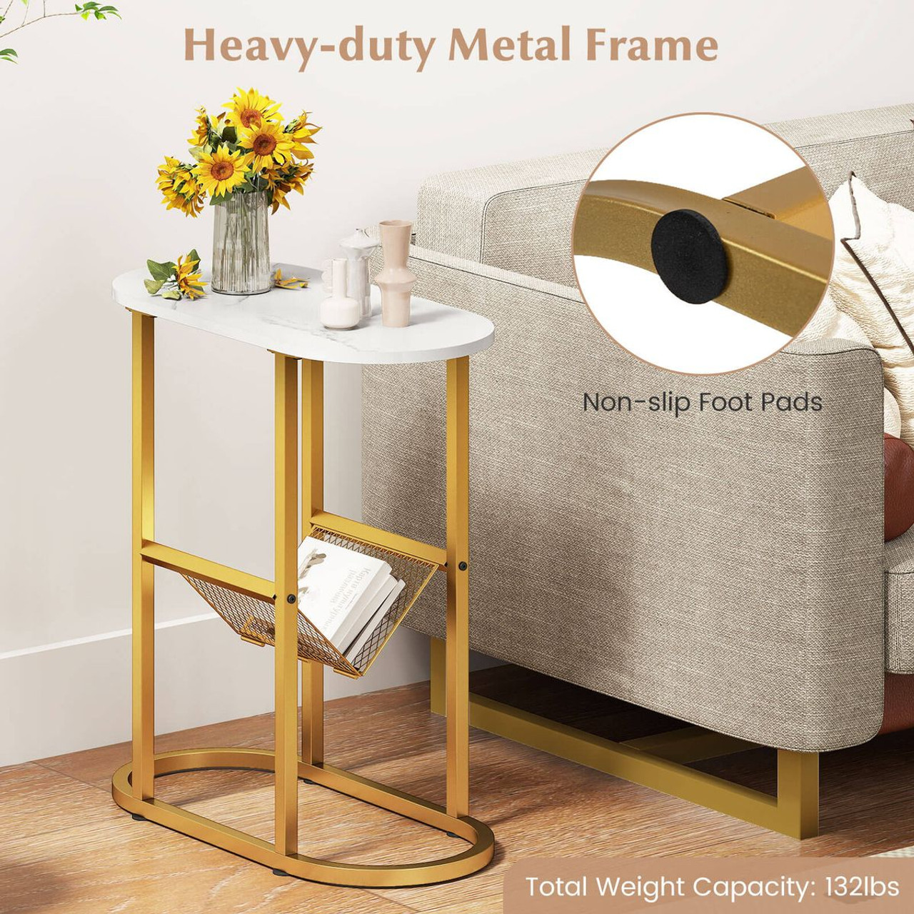 End Table with Faux Marble Tabletop and Magazine Holder product image