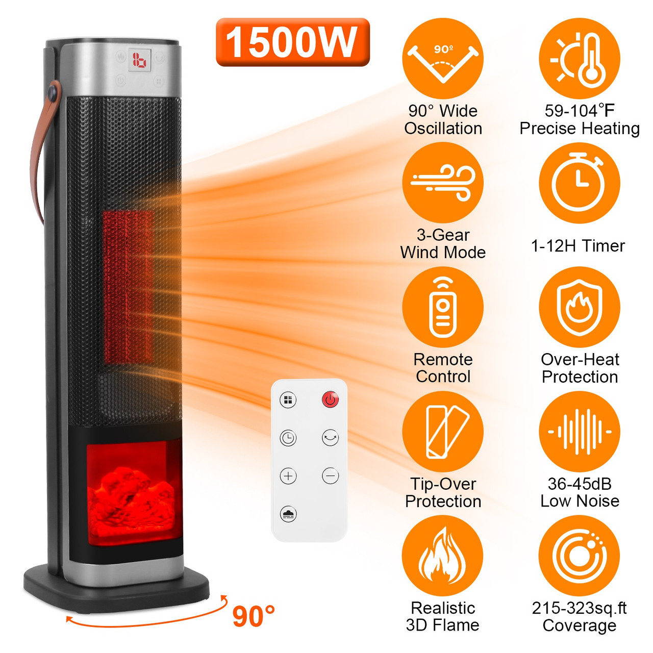1500W Ceramic Tower Ocillating Space Heater product image