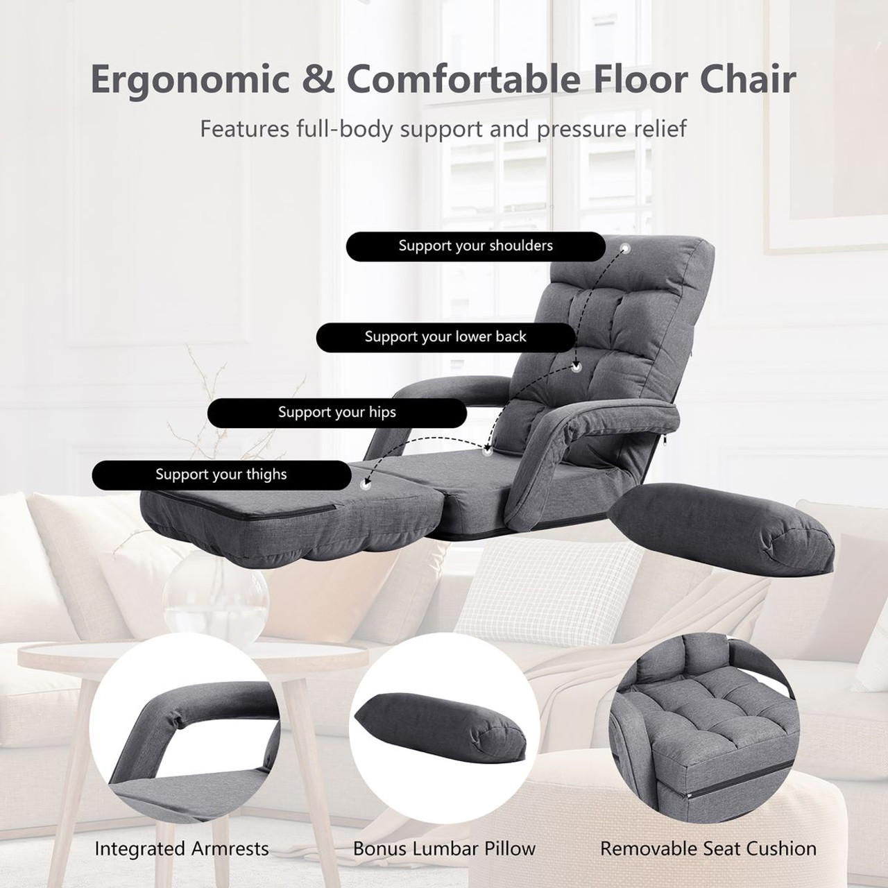 Folding Floor Armchair with Adjustable Back and Lumbar Pillow product image