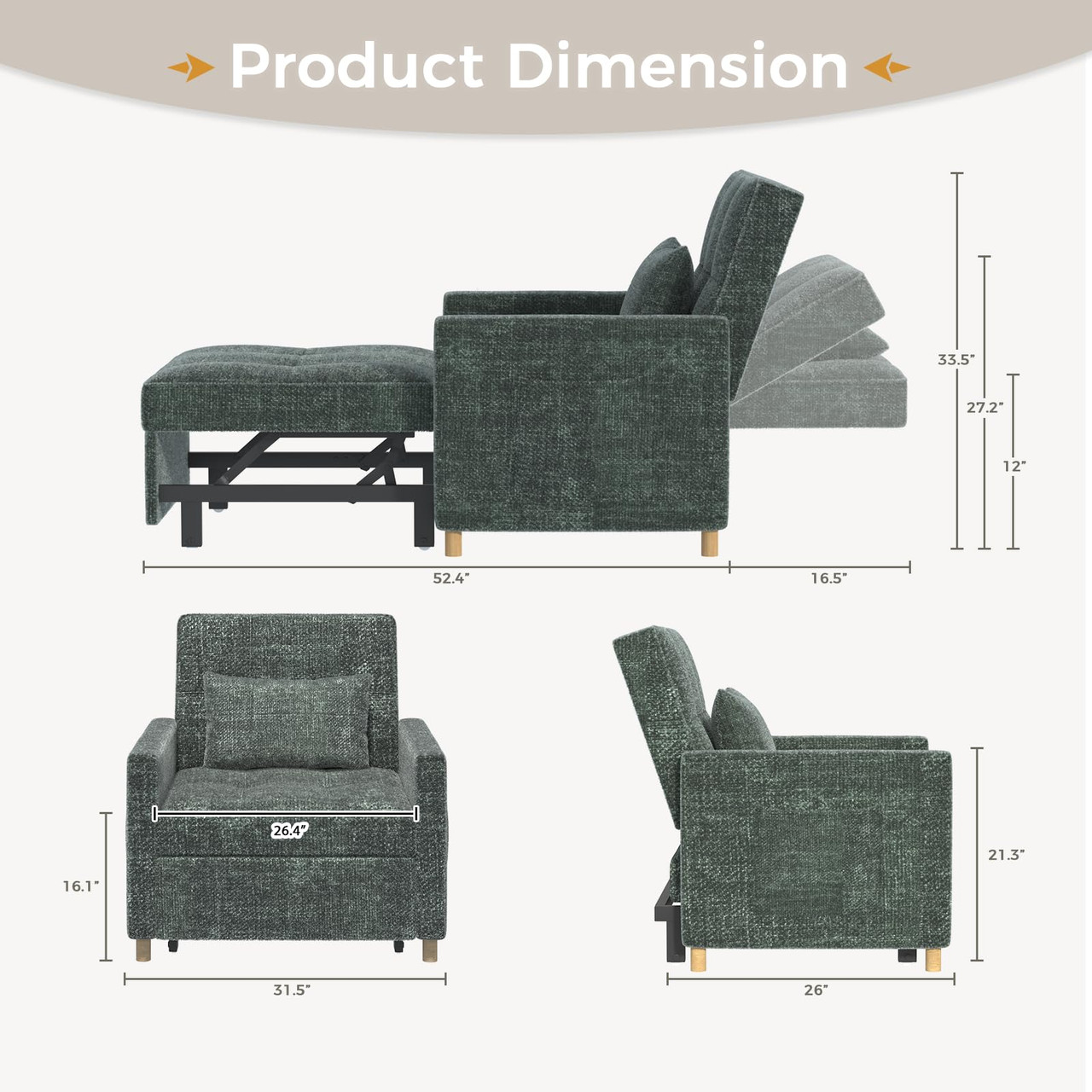 31.5" 3-in-1 Pull Out Sofa Chair with Side Pocket product image