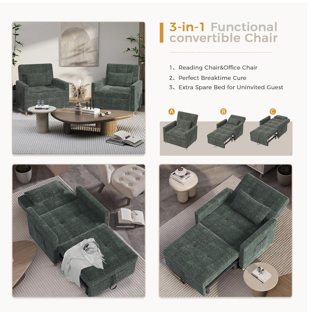 31.5" 3-in-1 Pull Out Sofa Chair with Side Pocket product image