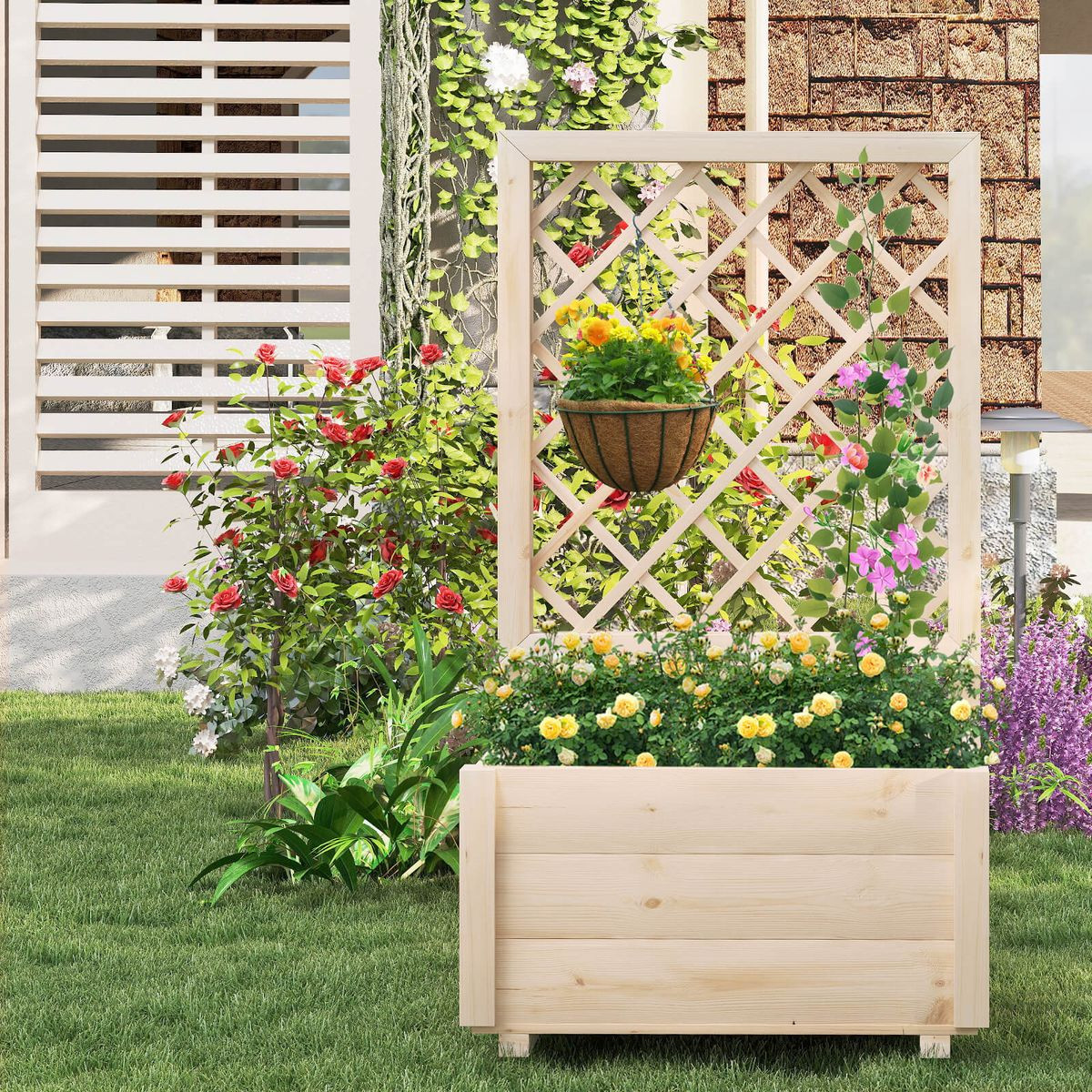 40" Tall Wooden Raised Garden Bed with Lattice Trellis product image