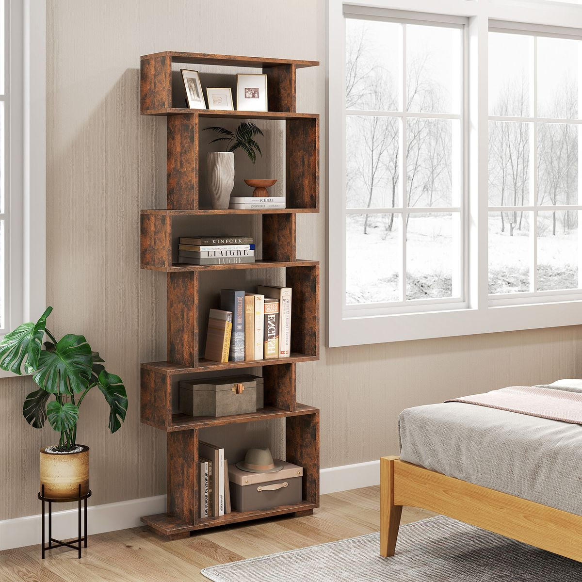 6-Tier S-Shaped Geometric Bookcase with Thickened Legs  product image