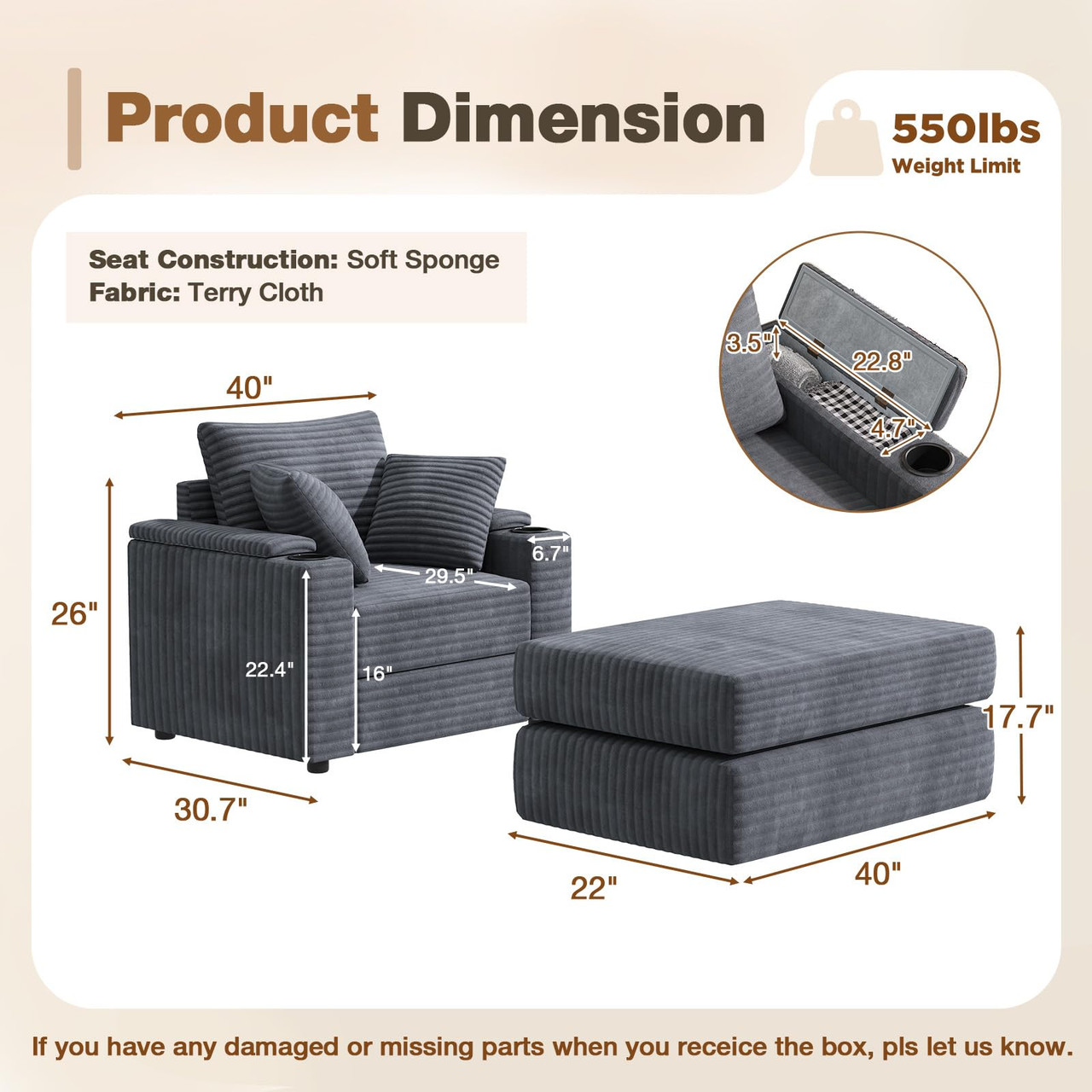 Chaise Lounge Chair with Ottoman, Side Pocket and Cup Holder product image