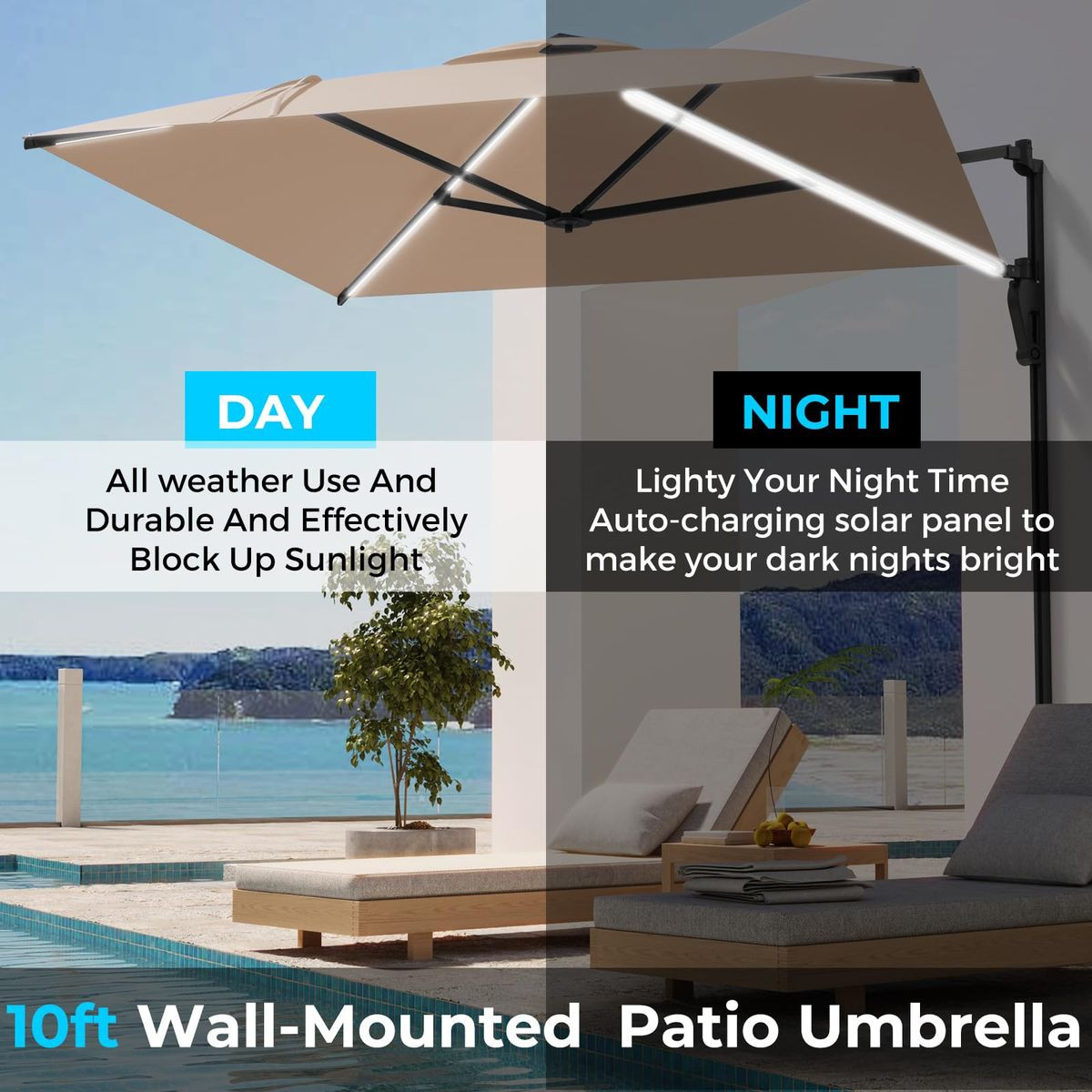 10FT Solar LED Wall Mounted Outdoor Patio Umbrella product image