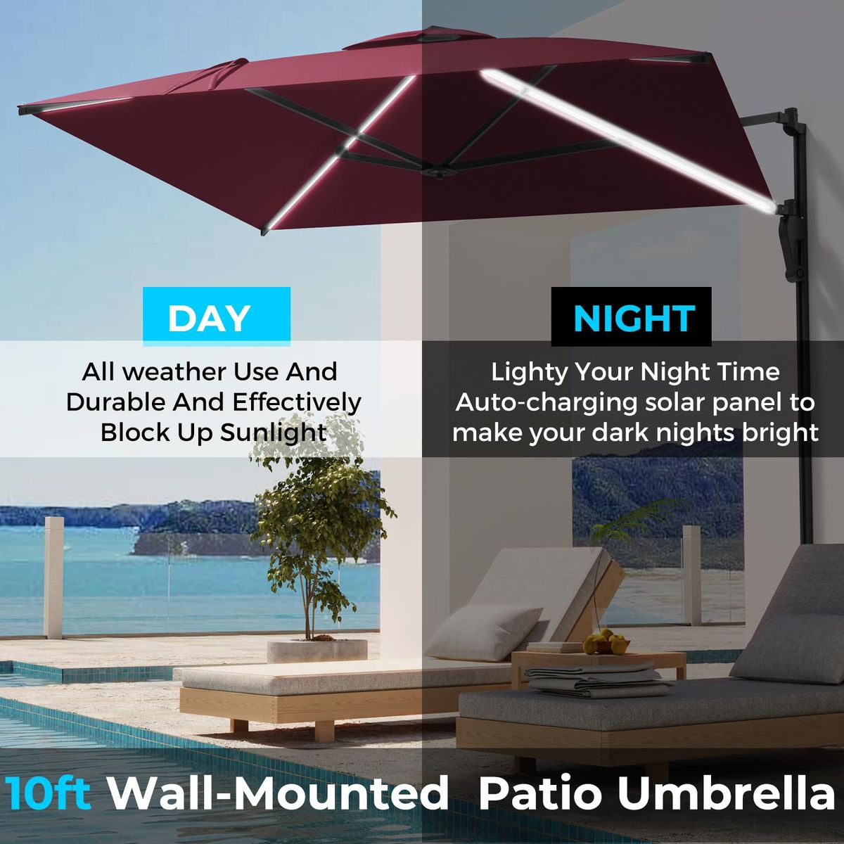 10FT Solar LED Wall Mounted Outdoor Patio Umbrella product image