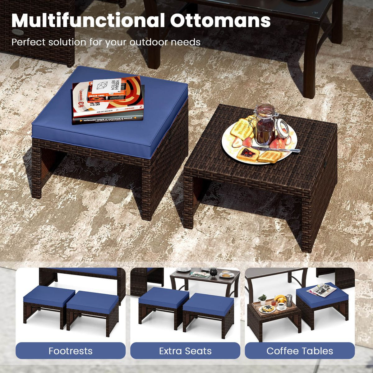 Patio PE Rattan Ottomans with High-Density Sponge Cushion product image
