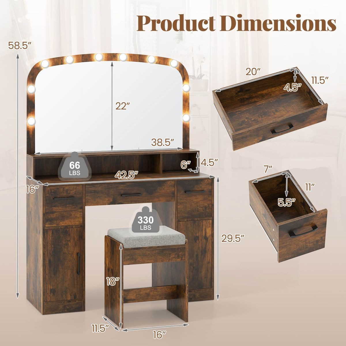 Vanity Makeup Table with Large Mirror and 3-Color Adjustable Lights product image
