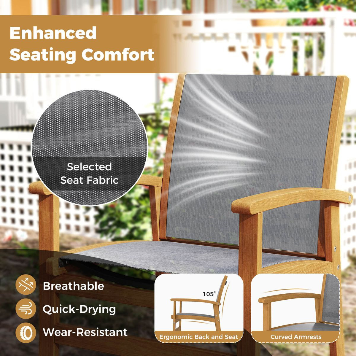 Outdoor Acacia Wood Patio Chairs with Breathable Fabric product image