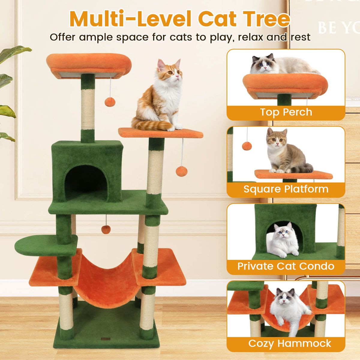 58” Tall Multi-Level Cat Tree with Upholstered Perch and Cat Condo product image