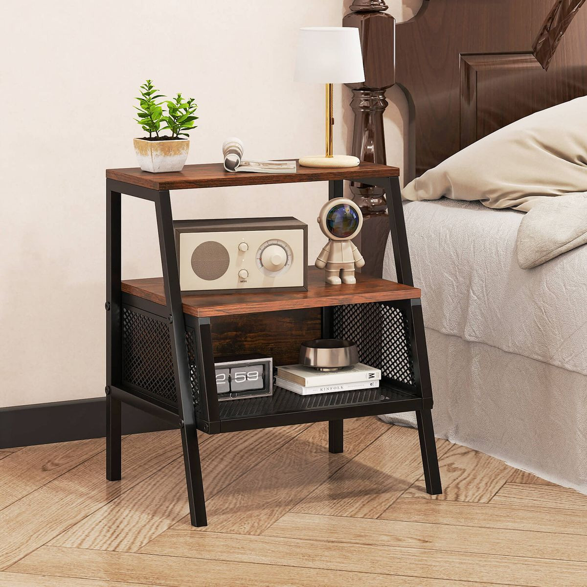 3-Tier Industrial Nightstand with 2 Open Shelves product image