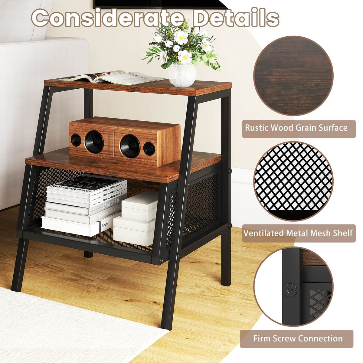3-Tier Industrial Nightstand with 2 Open Shelves product image