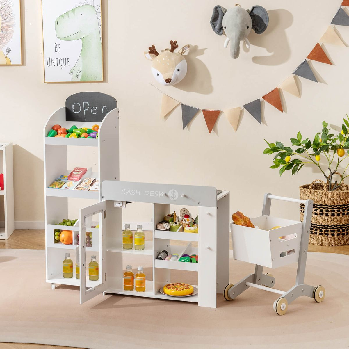 Kids Grocery Store Playset With Shopping Cart And Chalkboard product image