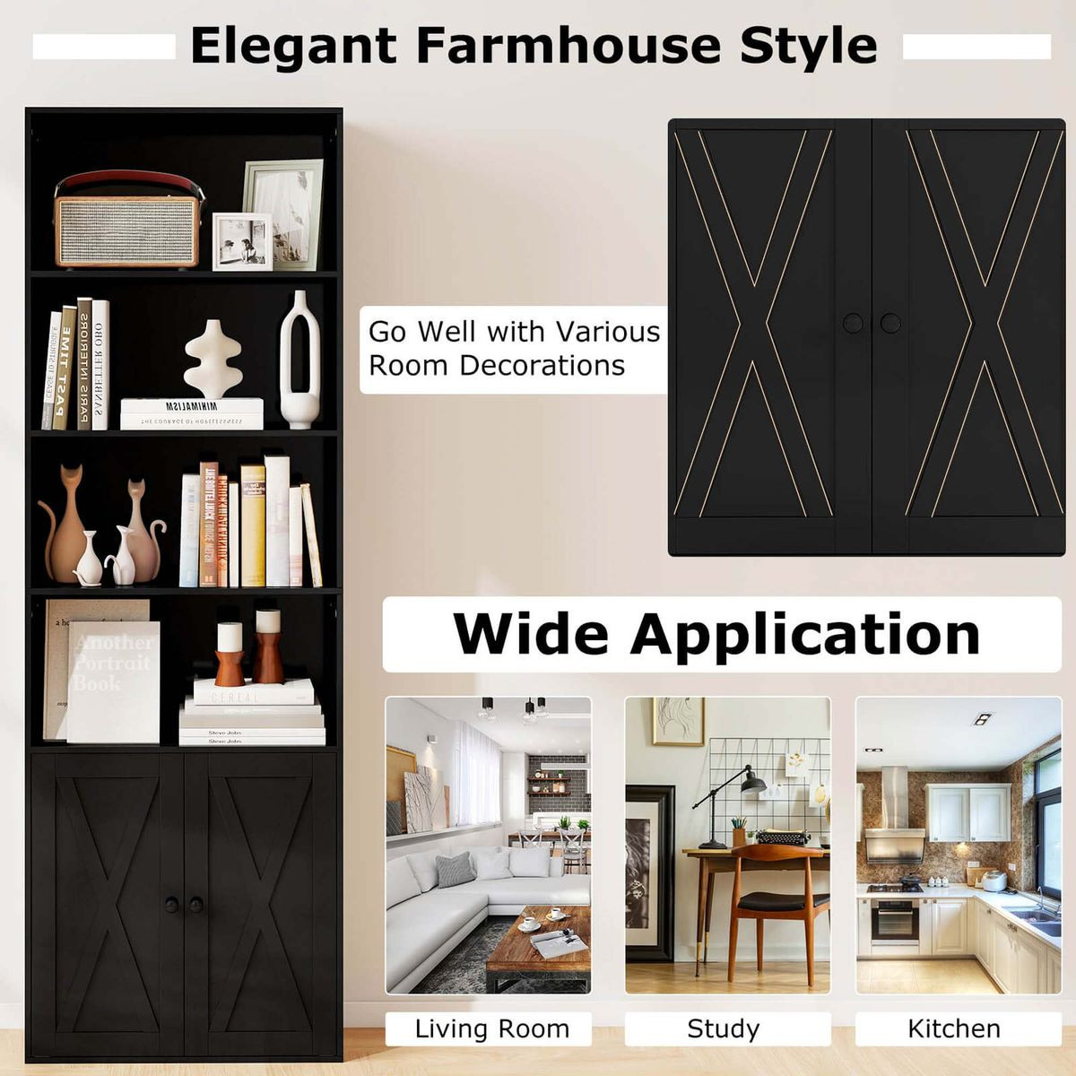 71" Farmhouse Bookcase with 6 Storage Shelves and 2 Doors product image