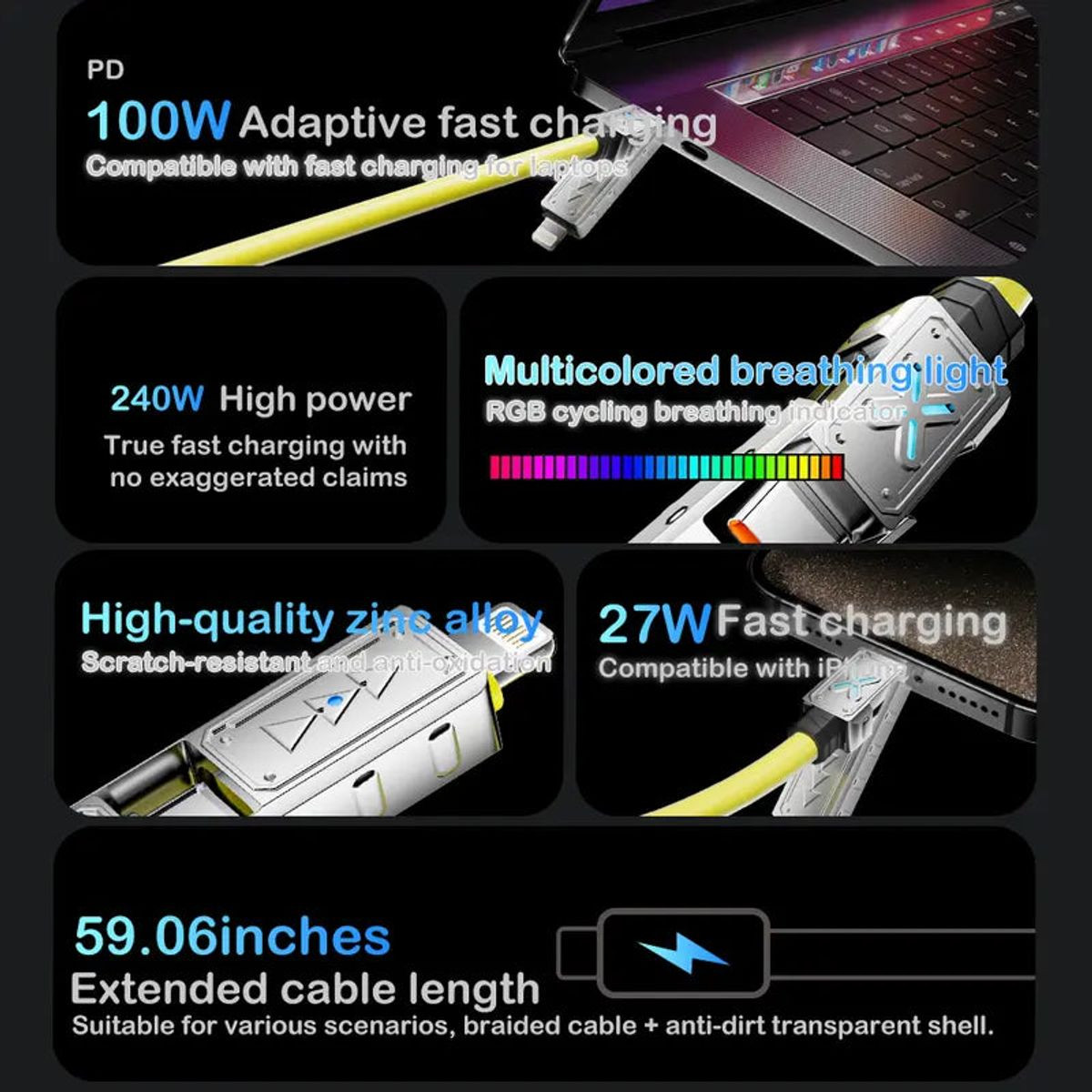 4-in-1 Multi USB Car 240W Fast Charging Cord (1- or 2-Pack) product image