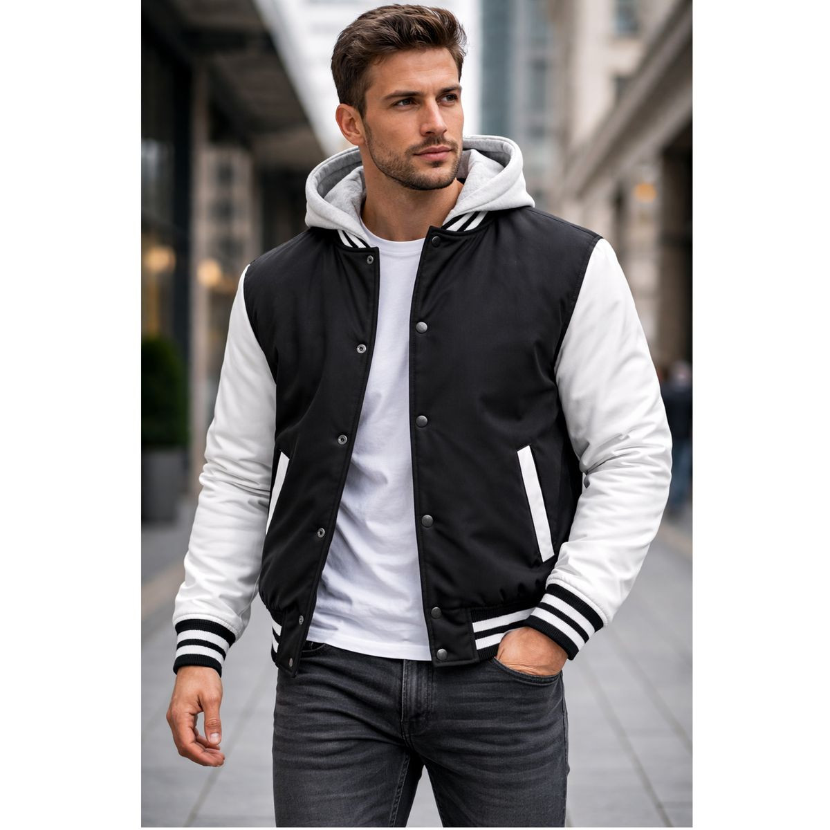 Men's Hooded Varsity Jacket with Detachable Hood  product image