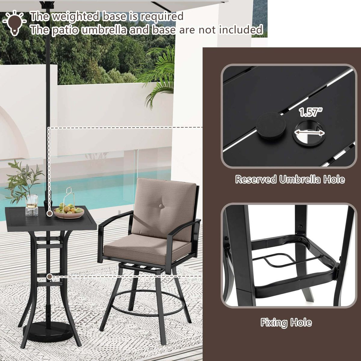 3-Piece Patio Swivel Bar Set with Umbrella Hole product image