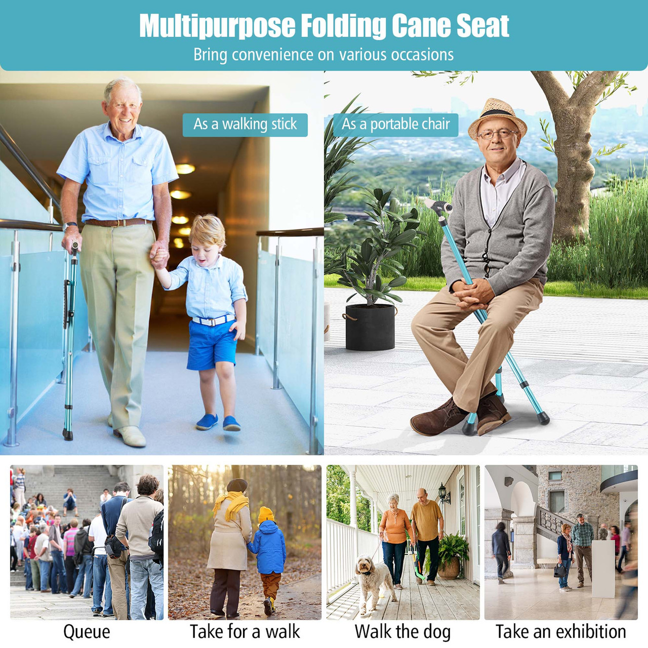 Lightweight Adjustable Folding Cane Seat with Light product image