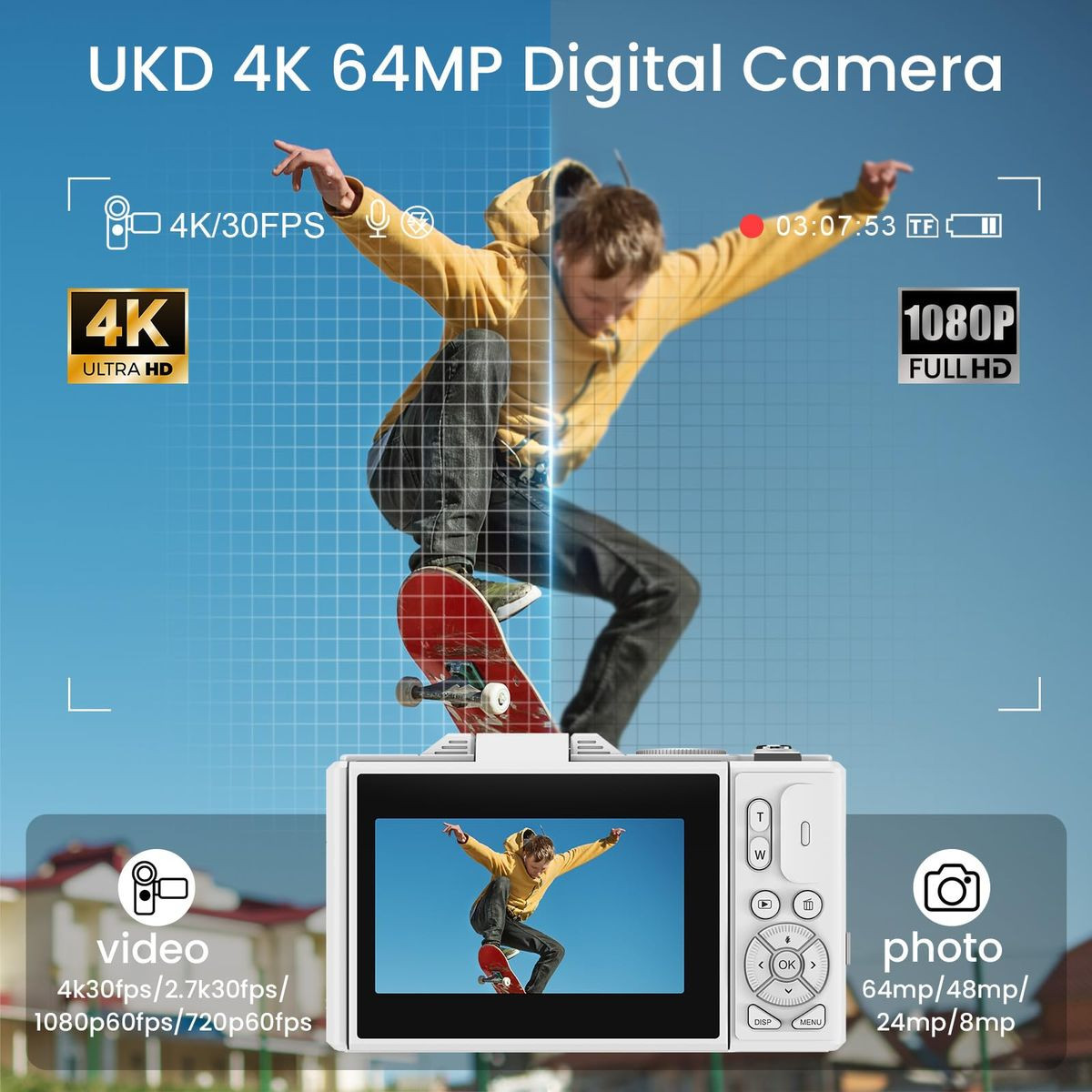 64MP Digital Camera 4K Video Vlogging YouTube Photography Flip Screen 18X Zoom Gift for Teens Color White With Dual Batteries product image