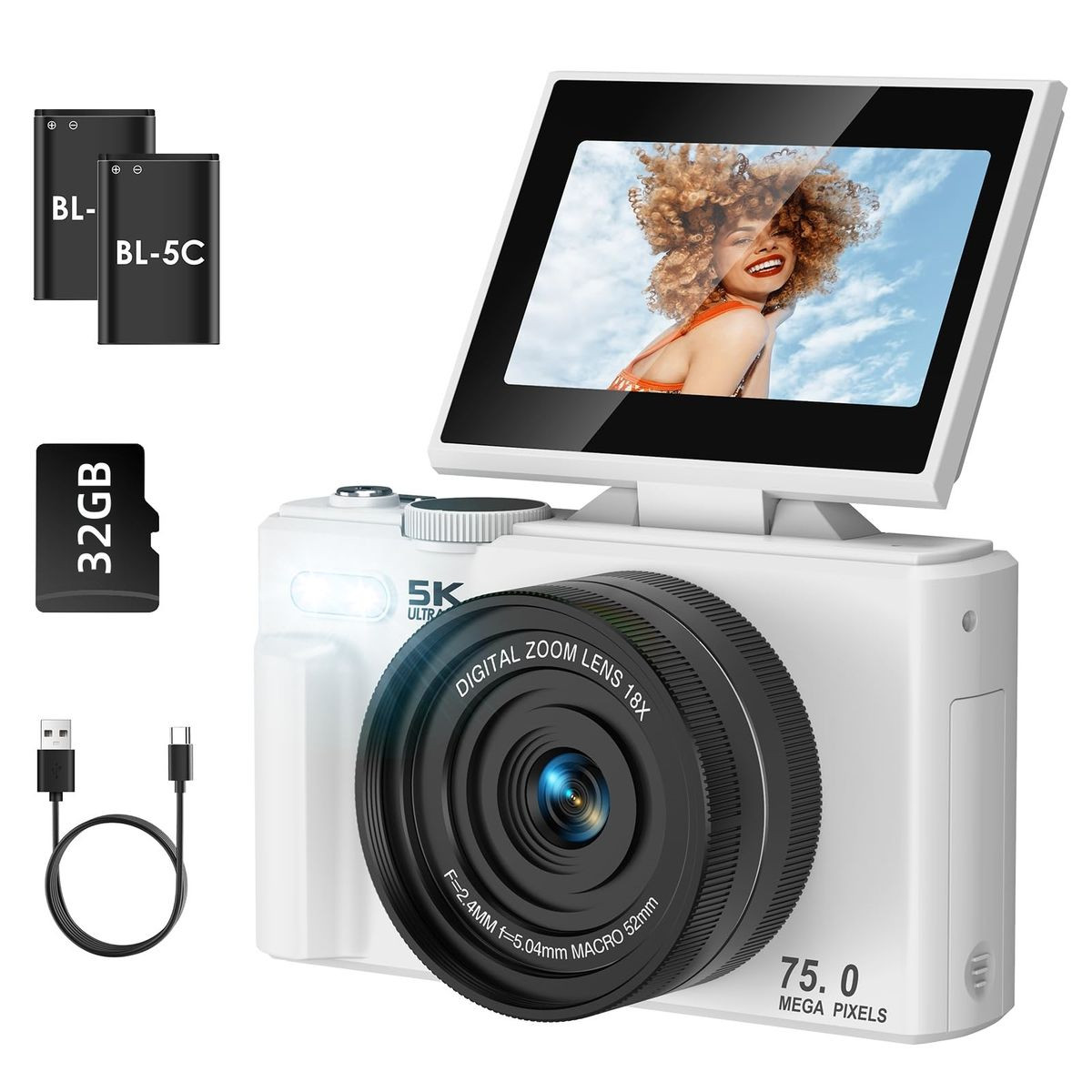 75MP Digital Camera 5K Video Vlogging YouTube Photography Flip Screen 18X Zoom Gift for Teens Color White With Dual Batteries product image