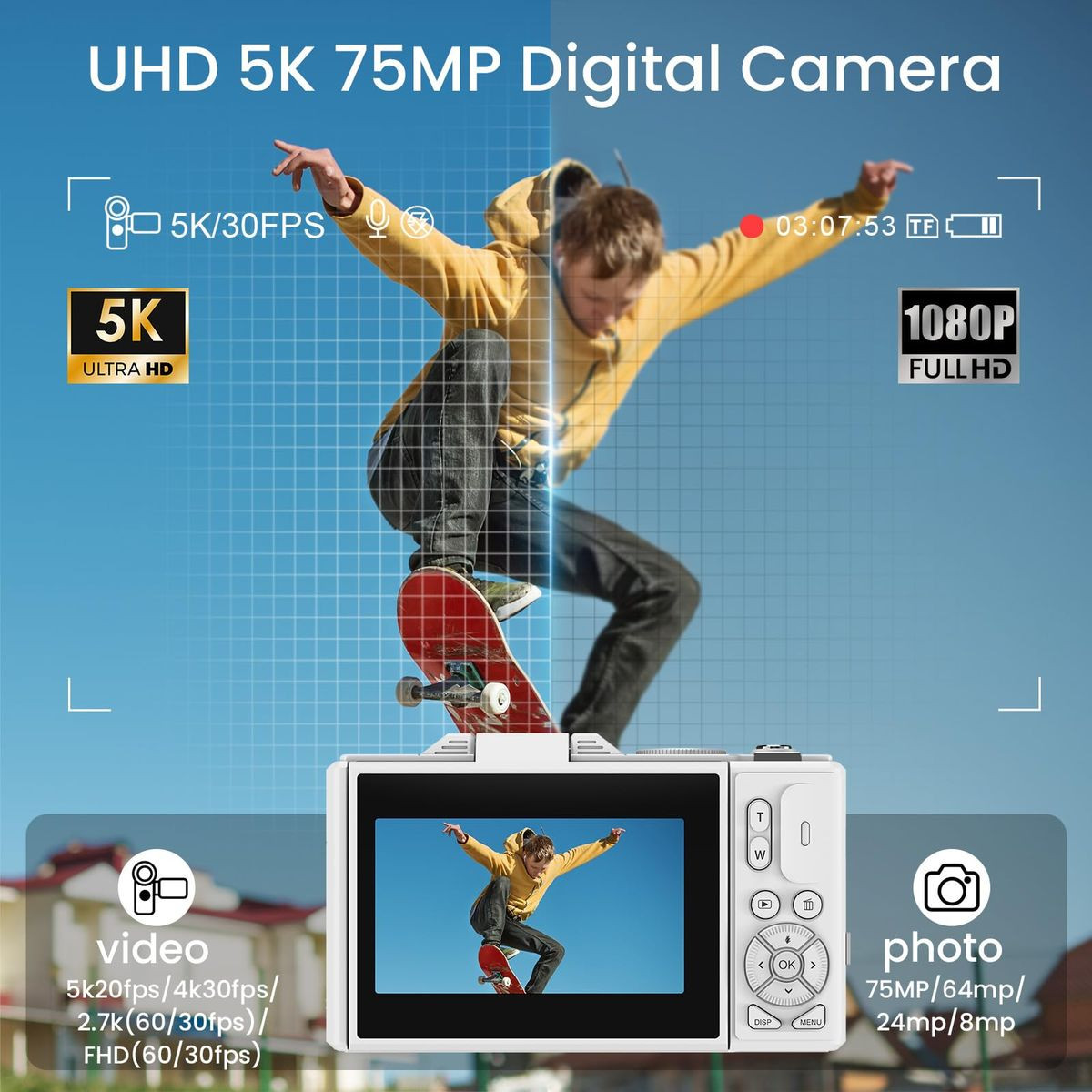 75MP Digital Camera 5K Video Vlogging YouTube Photography Flip Screen 18X Zoom Gift for Teens Color White With Dual Batteries product image