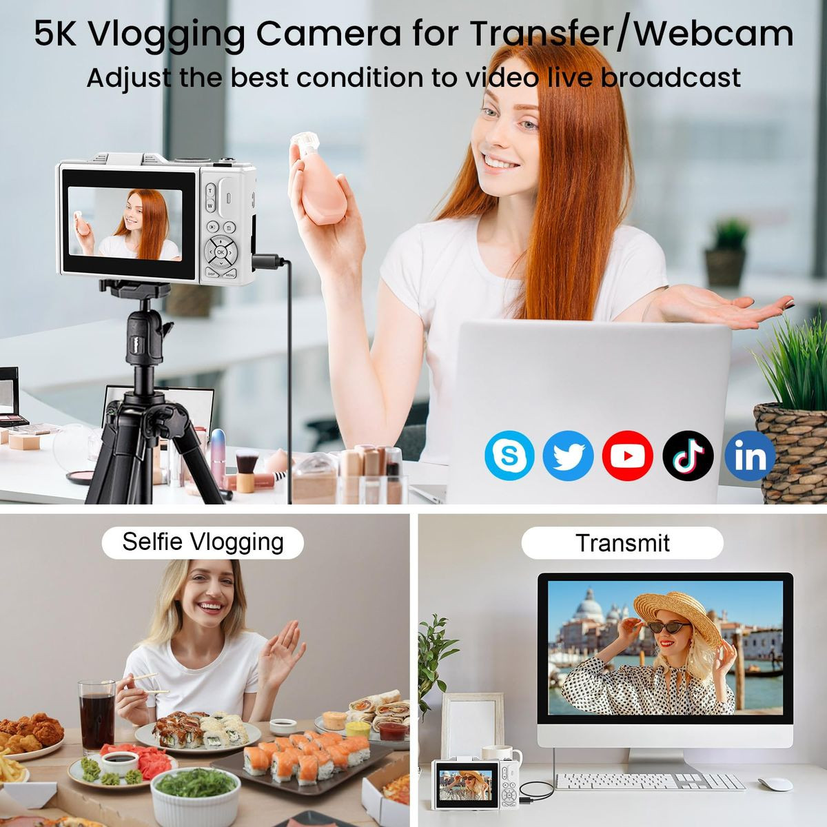 75MP Digital Camera 5K Video Vlogging YouTube Photography Flip Screen 18X Zoom Gift for Teens Color White With Dual Batteries product image