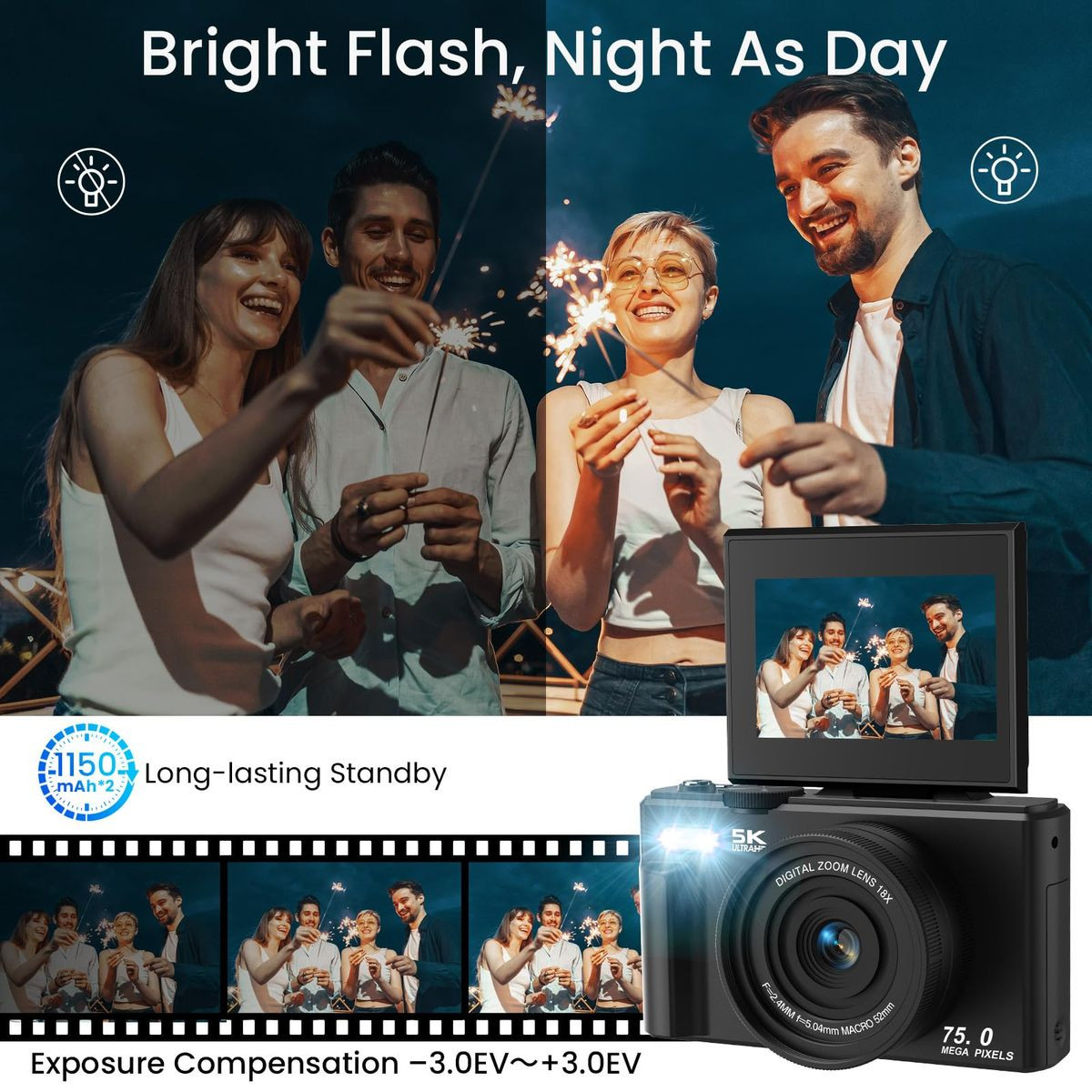 75MP Digital Camera 5K Video Vlogging YouTube Photography Flip Screen 18X Zoom Gift for Teens Color Black With Dual Batteries product image
