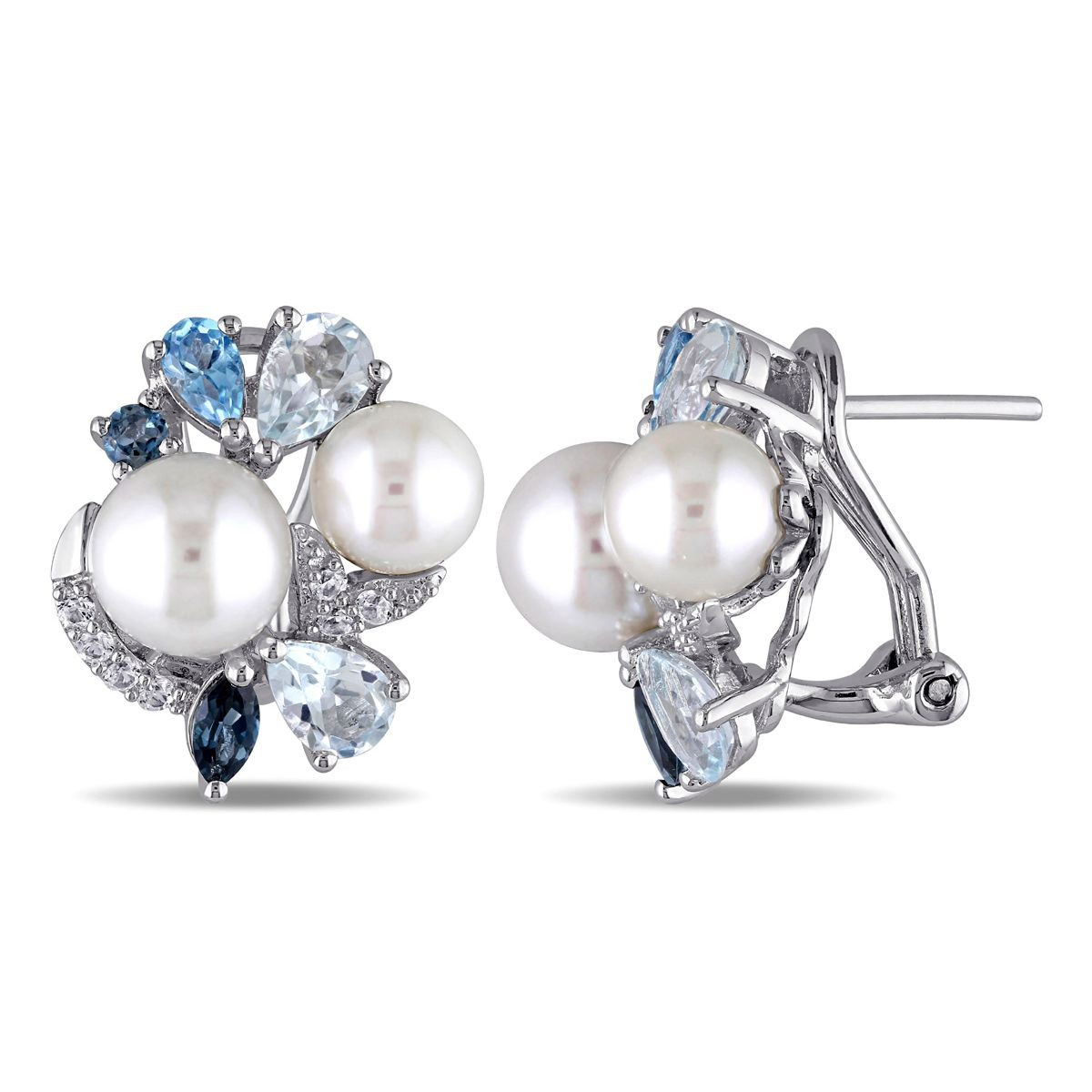 Freshwater Pearl with White Sapphire, Blue Topaz Cluster Earrings  product image
