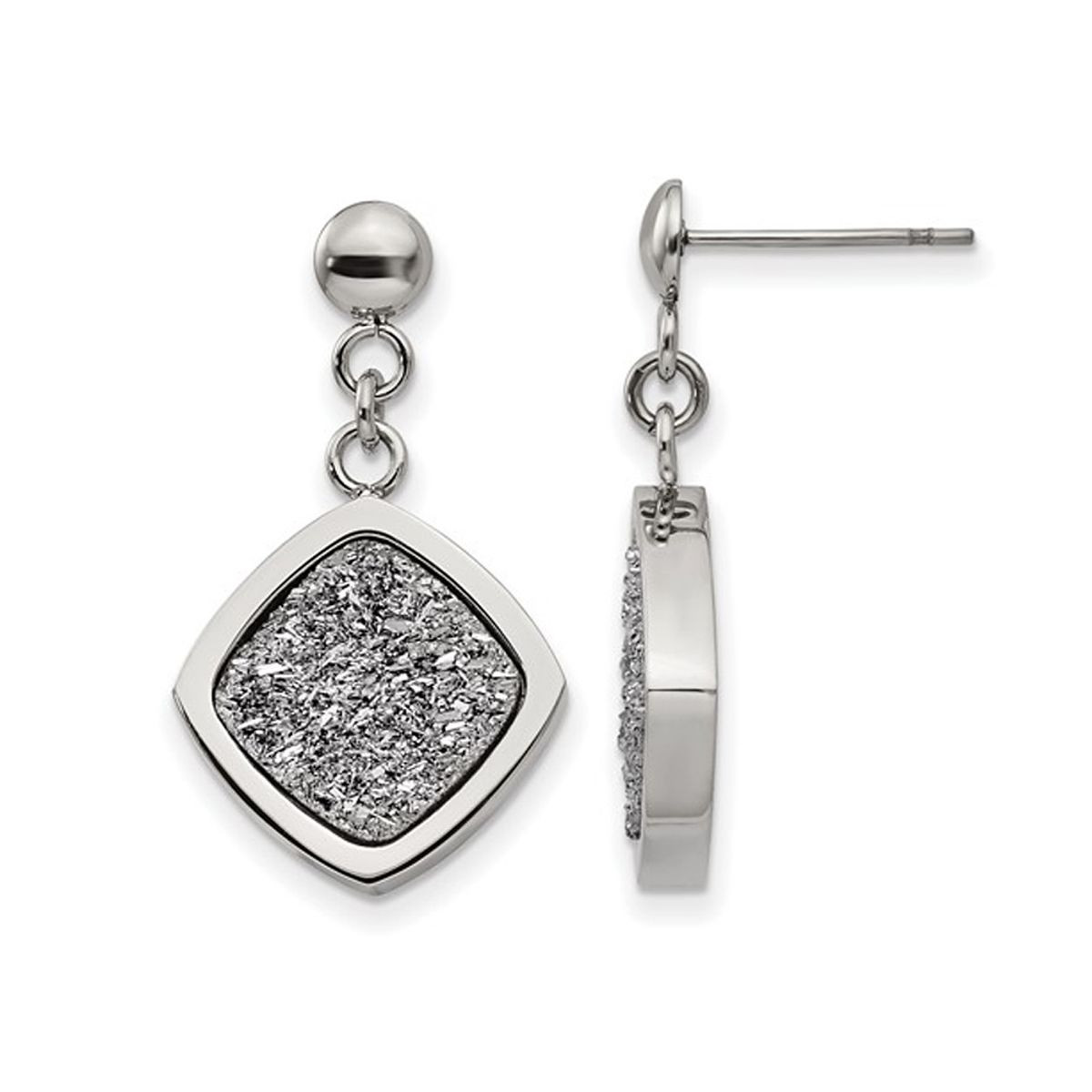 Silver Druzy Dangle Earrings in Polished Stainless Steel product image