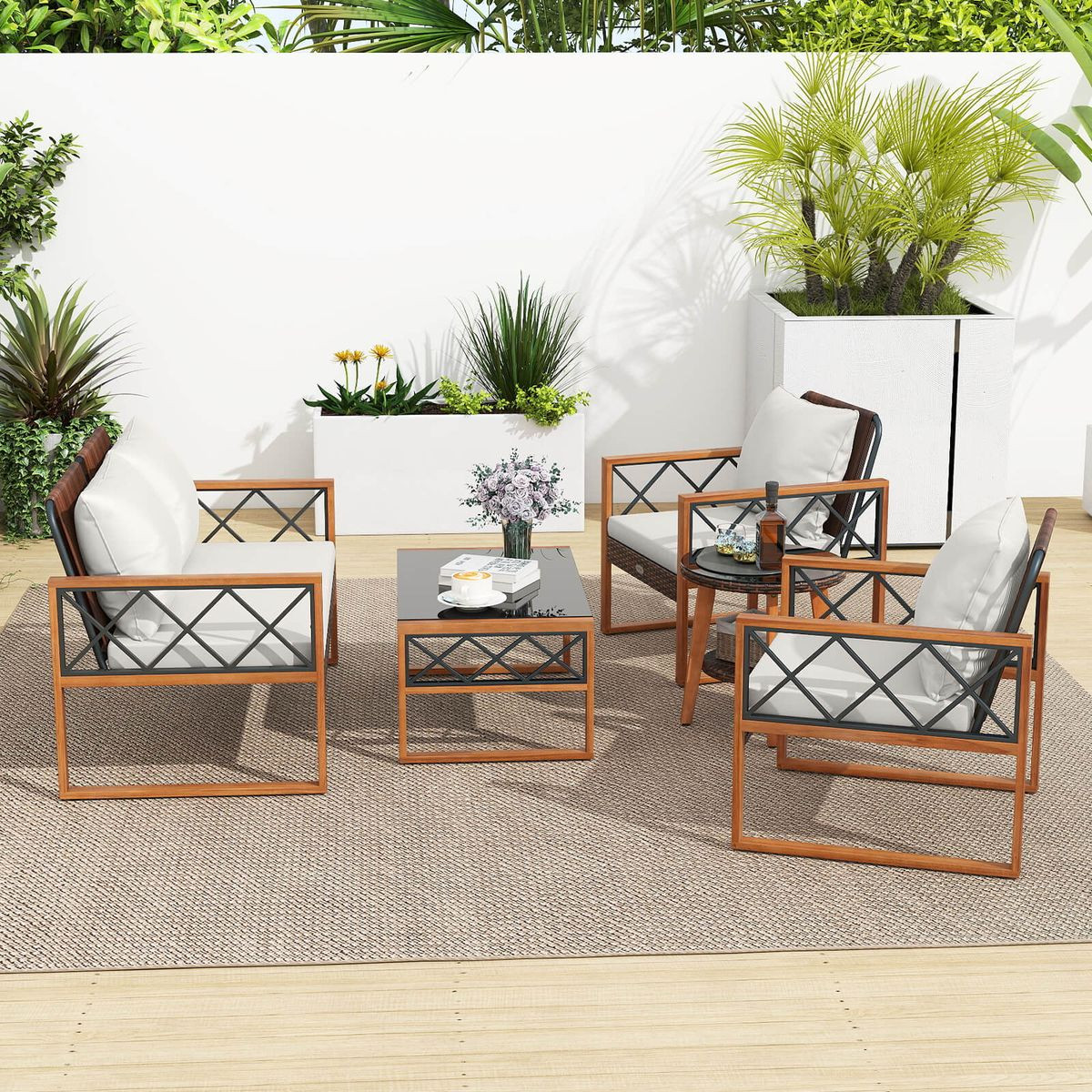 5-Piece PE Wicker Patio Furniture Set with Acacia Wood Frame product image